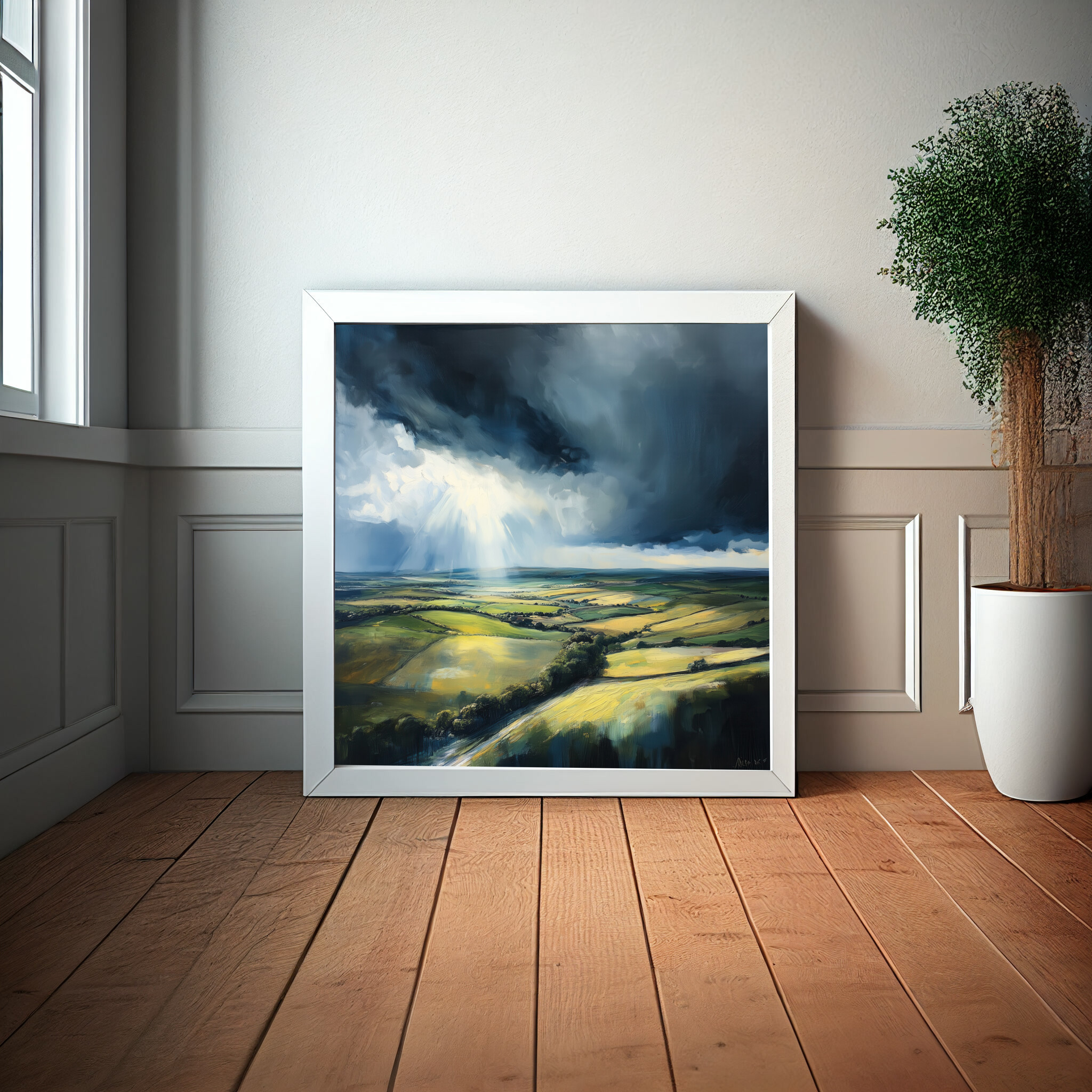 Southdowns Stormy Landscape Impressionist Green Tones Wall Art | Living Room Decor -
