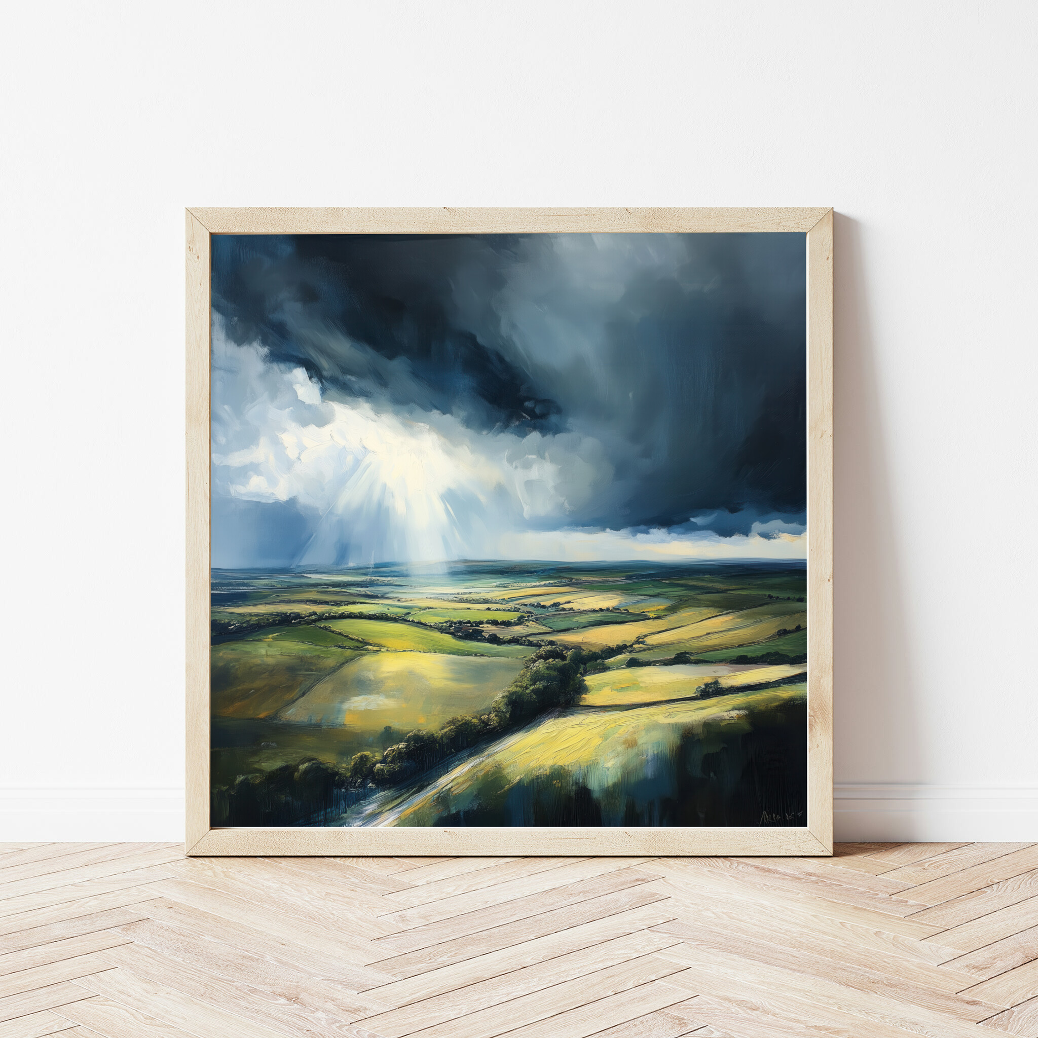 Southdowns Stormy Landscape Impressionist Green Tones Wall Art | Living Room Decor -