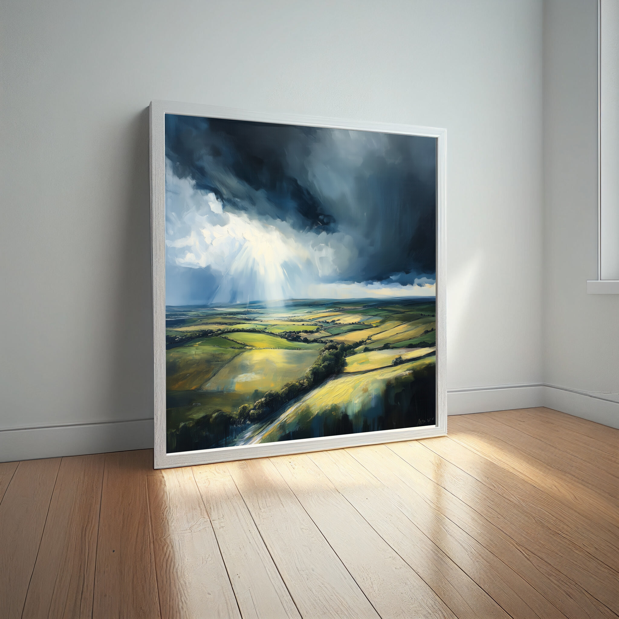 Southdowns Stormy Landscape Impressionist Green Tones Wall Art | Living Room Decor -