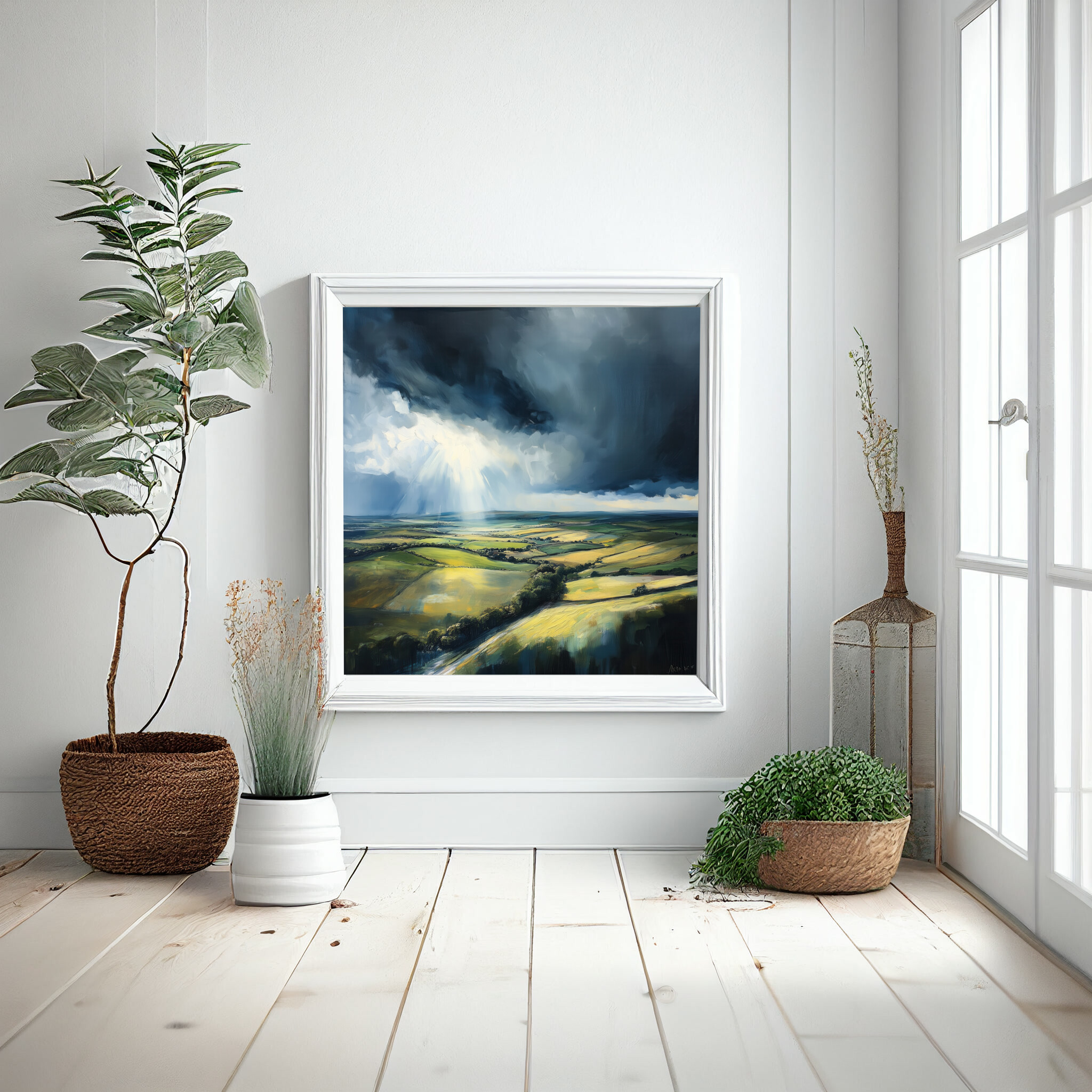 Southdowns Stormy Landscape Impressionist Green Tones Wall Art | Living Room Decor -