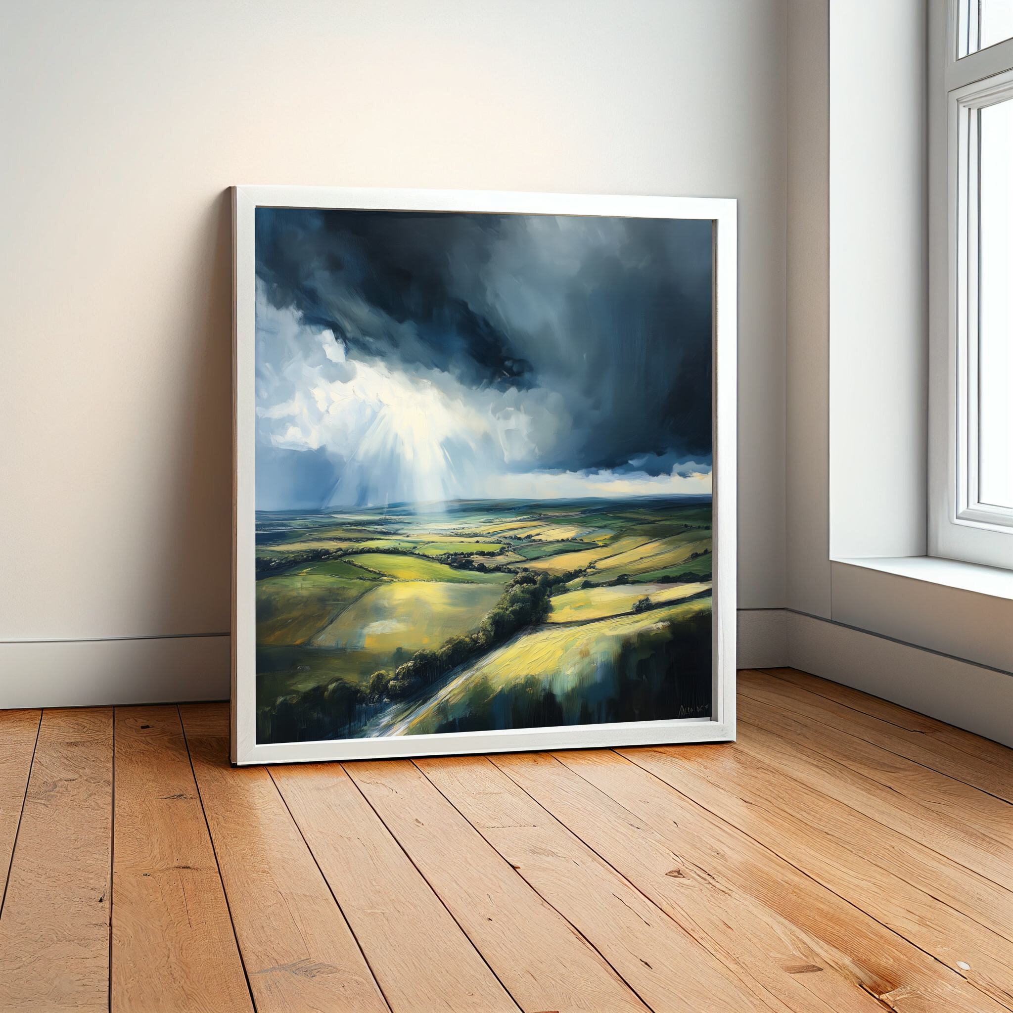 Southdowns Stormy Landscape Impressionist Green Tones Wall Art | Living Room Decor -
