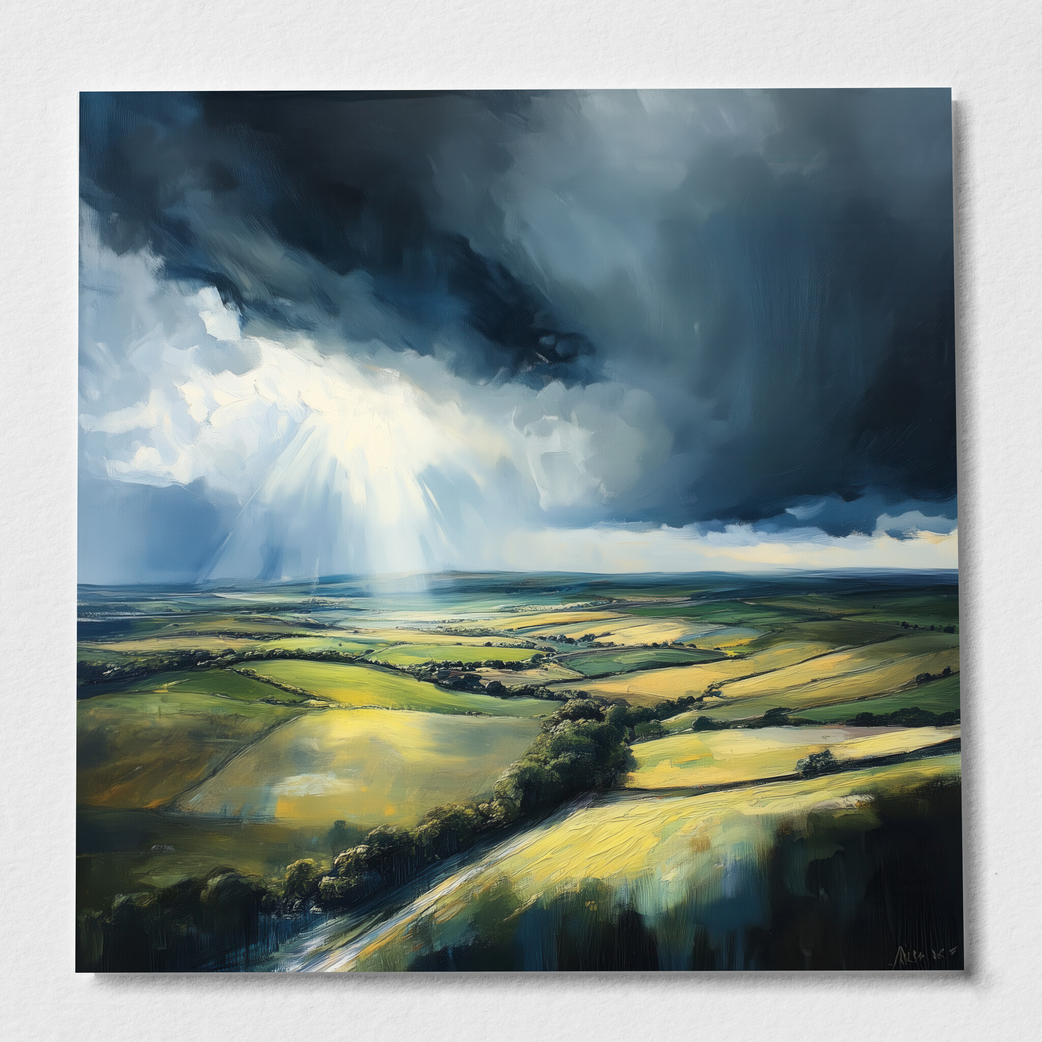 Southdowns Stormy Landscape Impressionist Green Tones Wall Art | Living Room Decor - P
