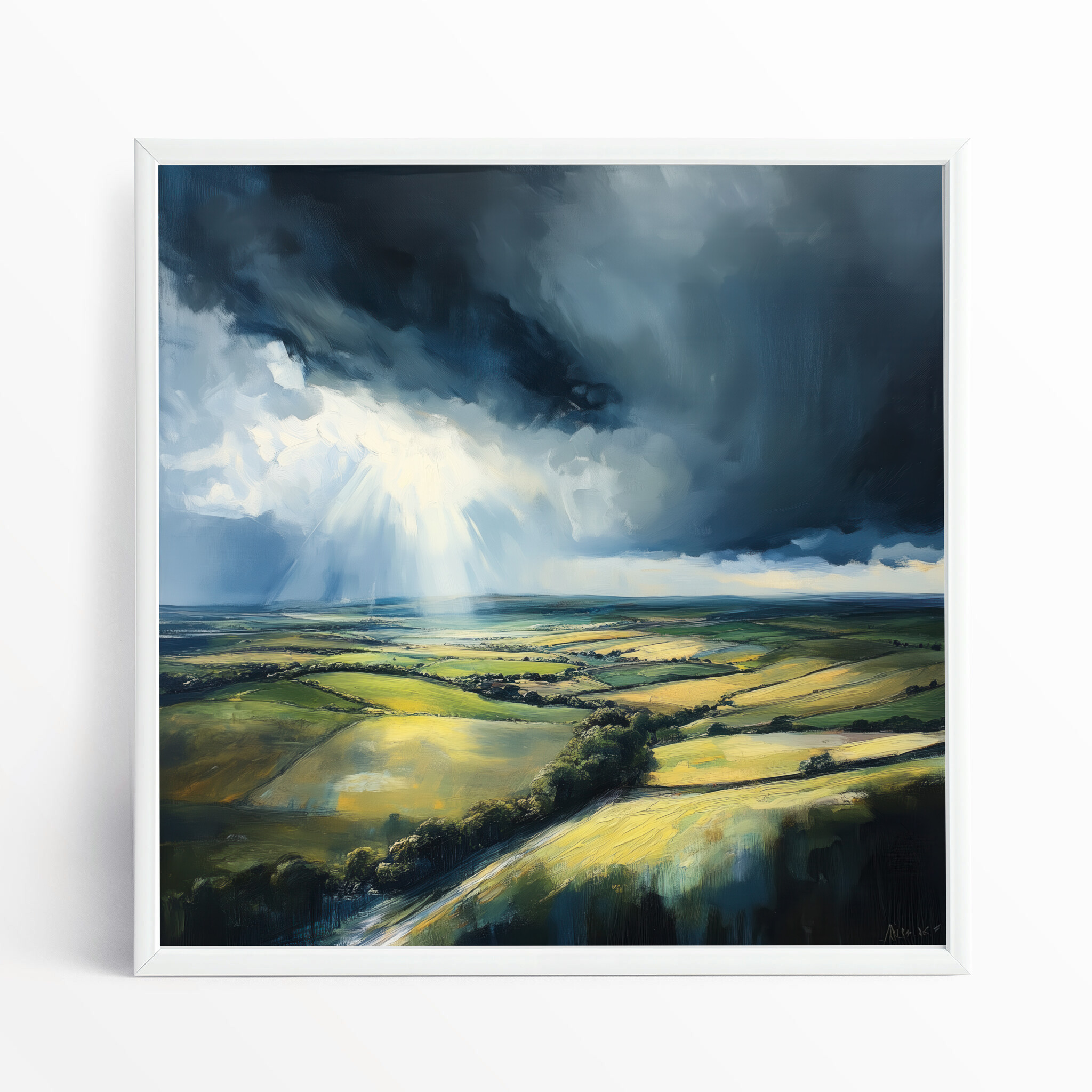 Southdowns Stormy Landscape Impressionist Green Tones Wall Art | Living Room Decor - WFP