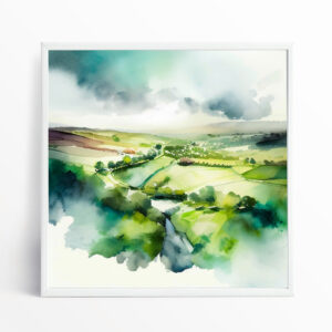 Sussex Countryside Watercolour Landscape Art | Green Living Room Wall Decor