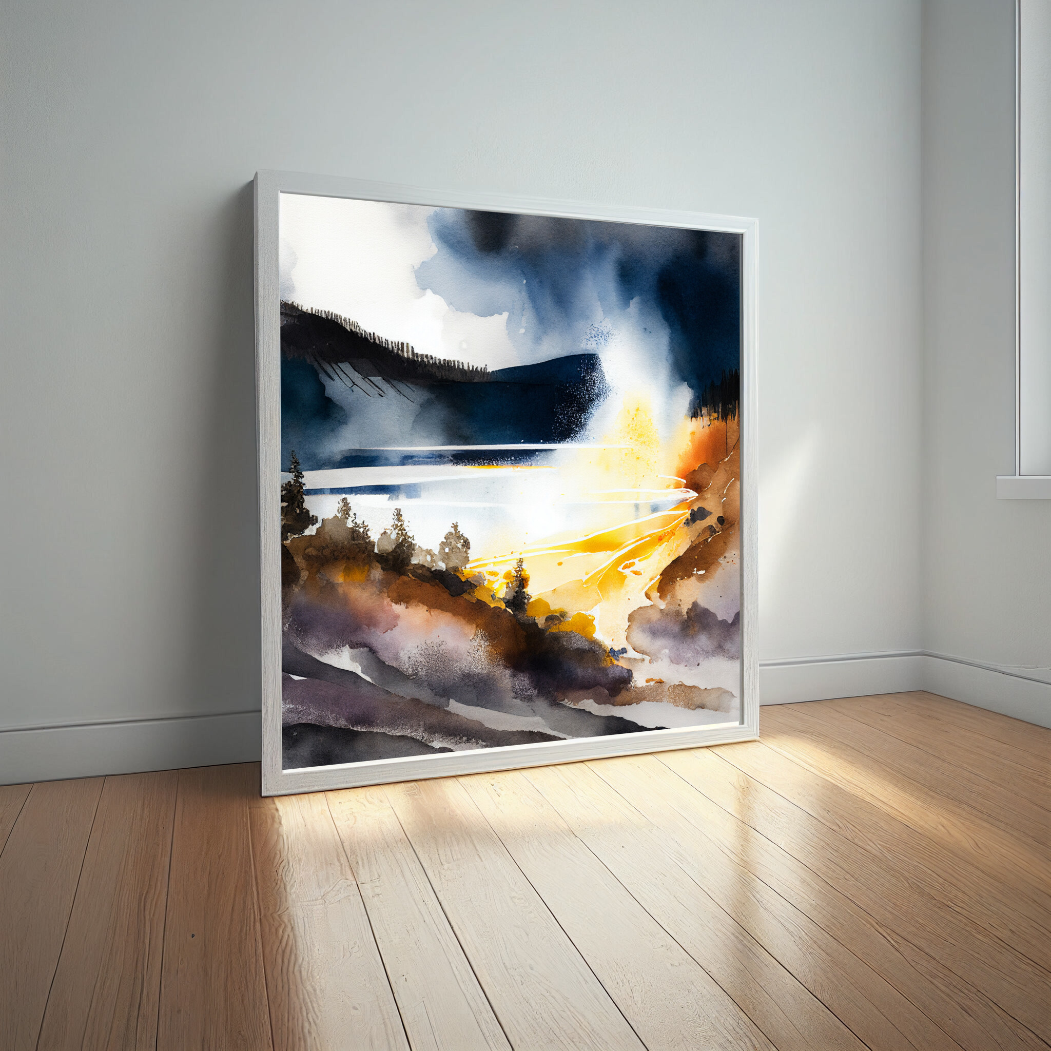 Yosemite Watercolour Landscape Abstract Blue Living Room Wall Art | Modern Home Decor -