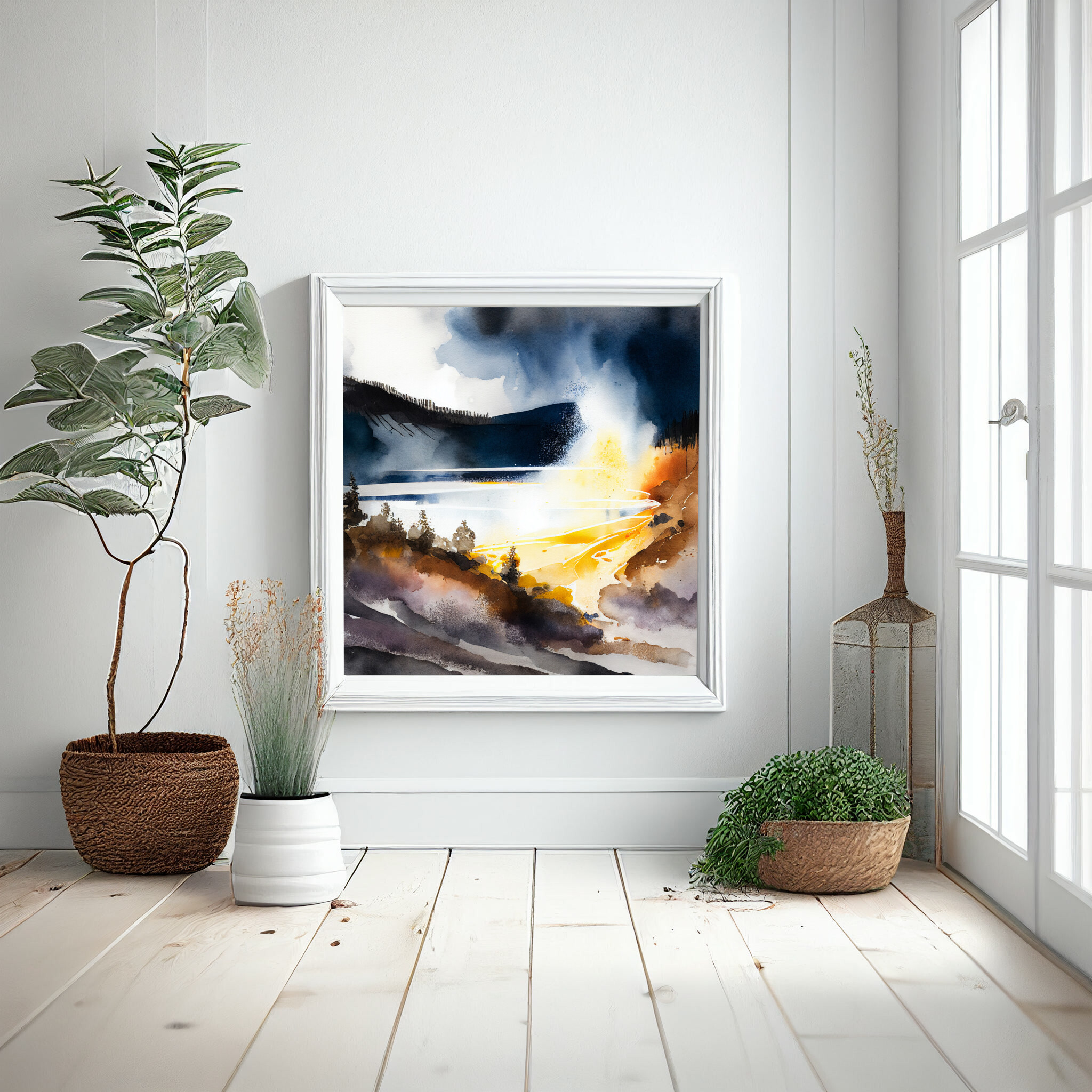 Yosemite Watercolour Landscape Abstract Blue Living Room Wall Art | Modern Home Decor -