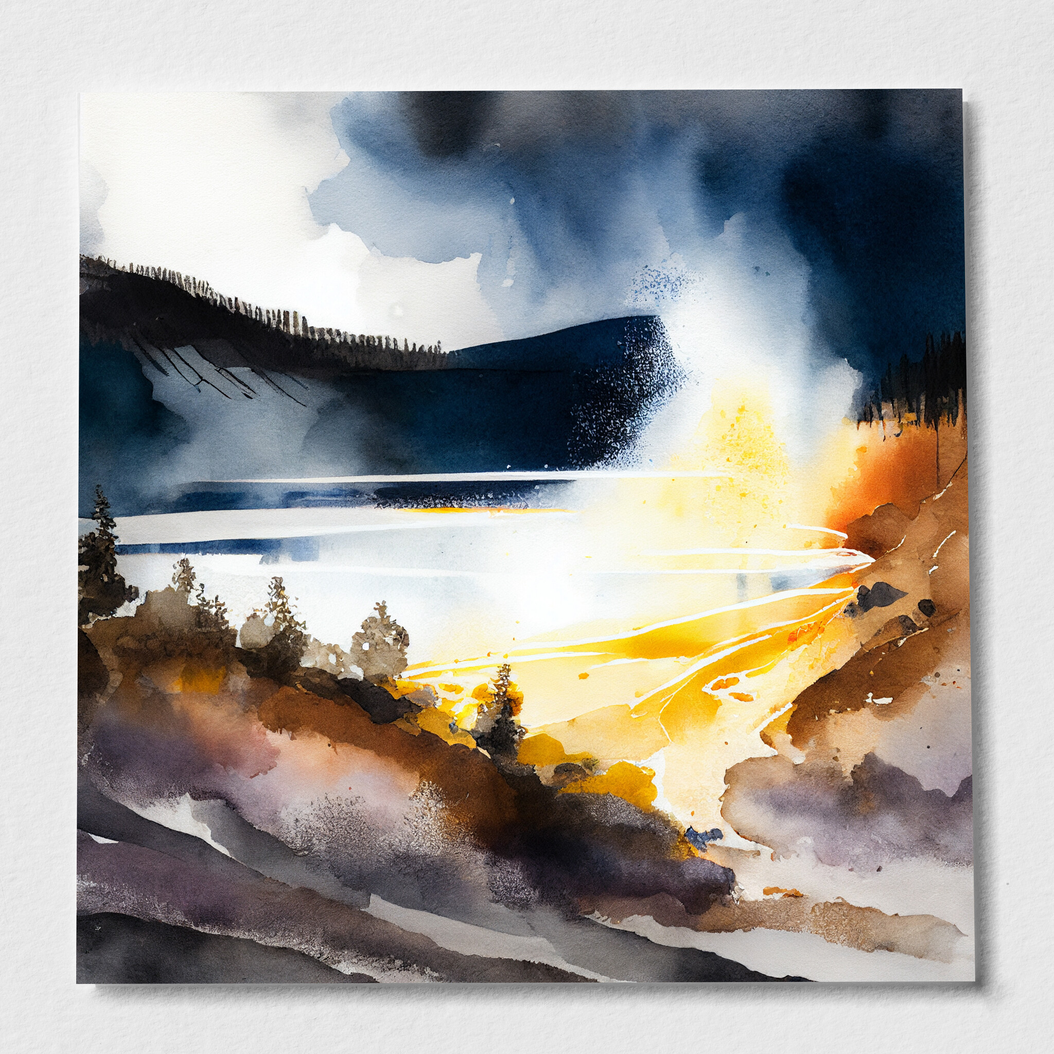 Yosemite Watercolour Landscape Abstract Blue Living Room Wall Art | Modern Home Decor - P