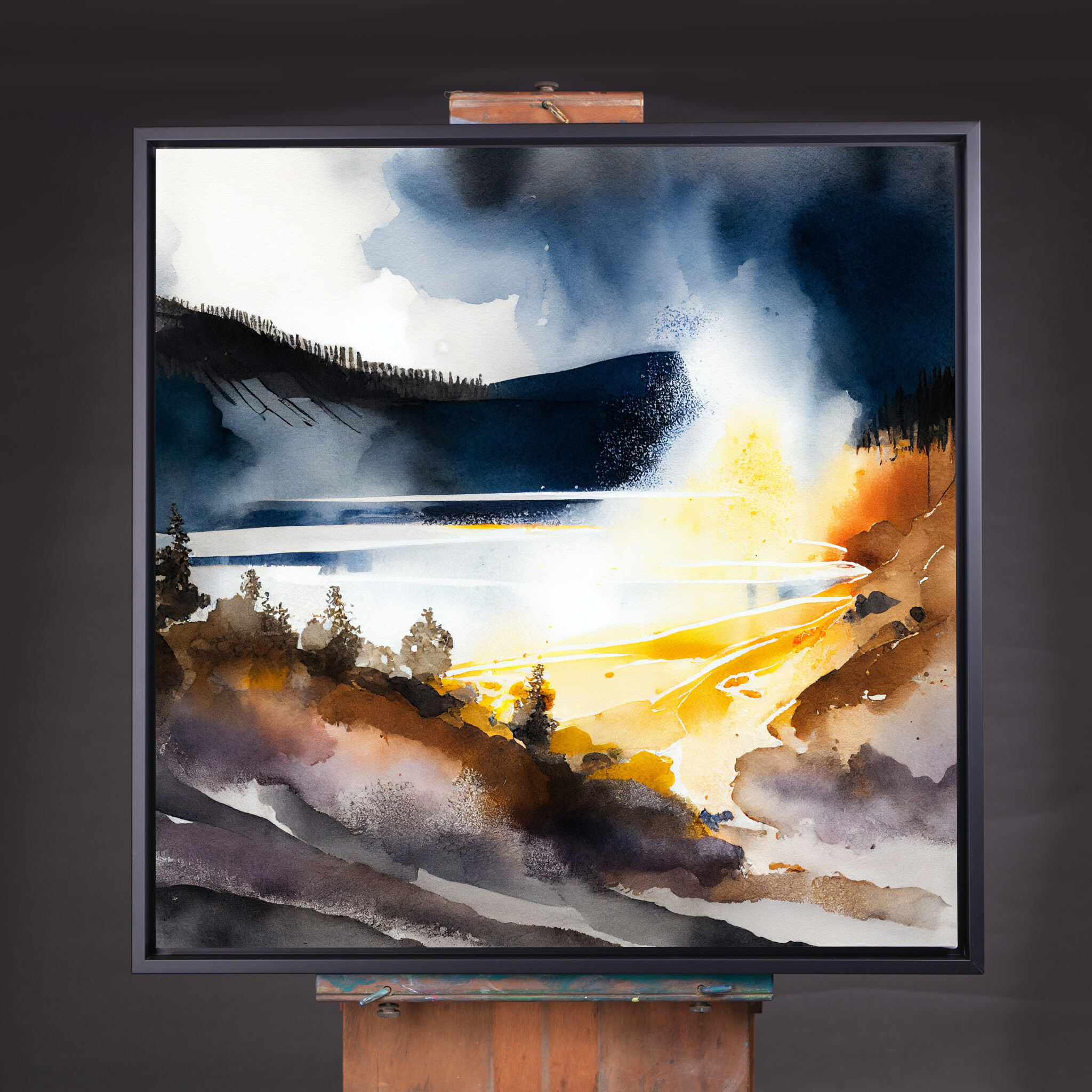 Yosemite Watercolour Landscape Abstract Blue Living Room Wall Art | Modern Home Decor - CBF