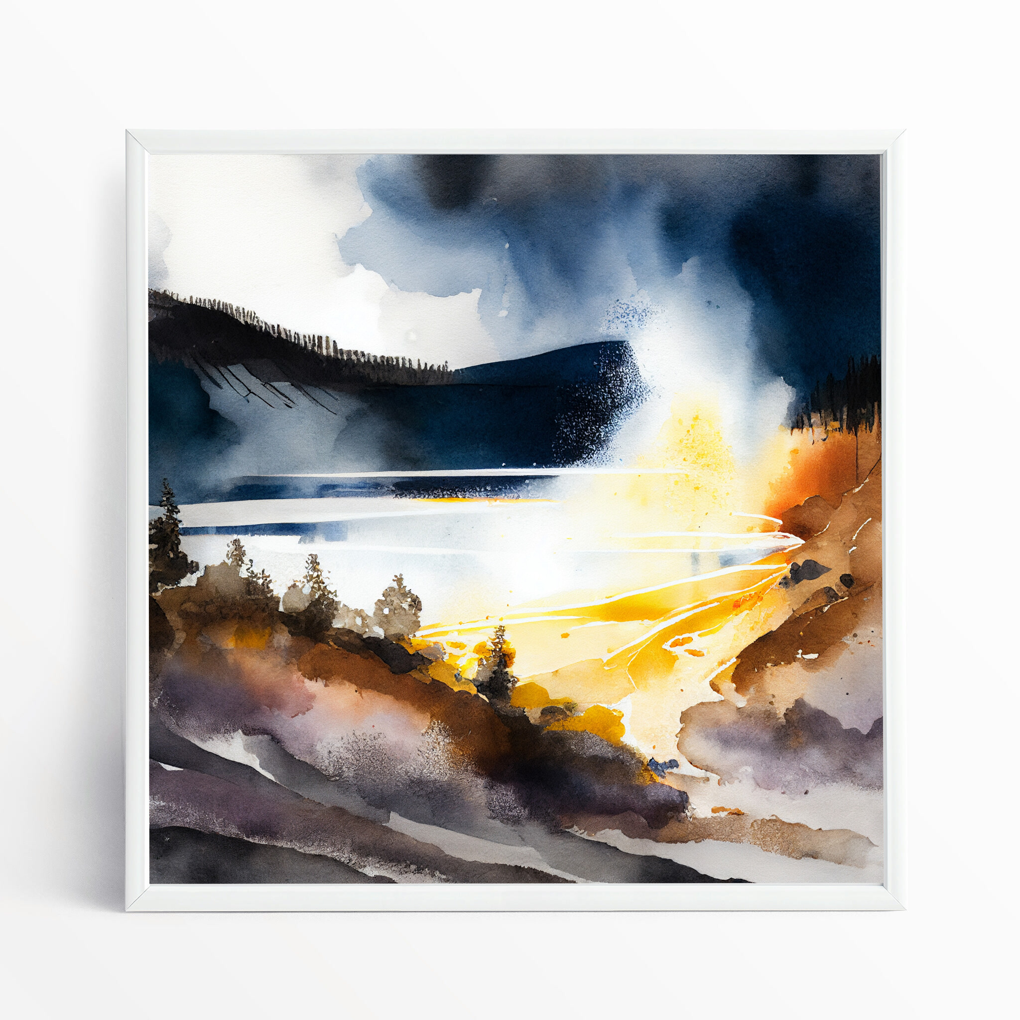 Yosemite Watercolour Landscape Abstract Blue Living Room Wall Art | Modern Home Decor - WFP