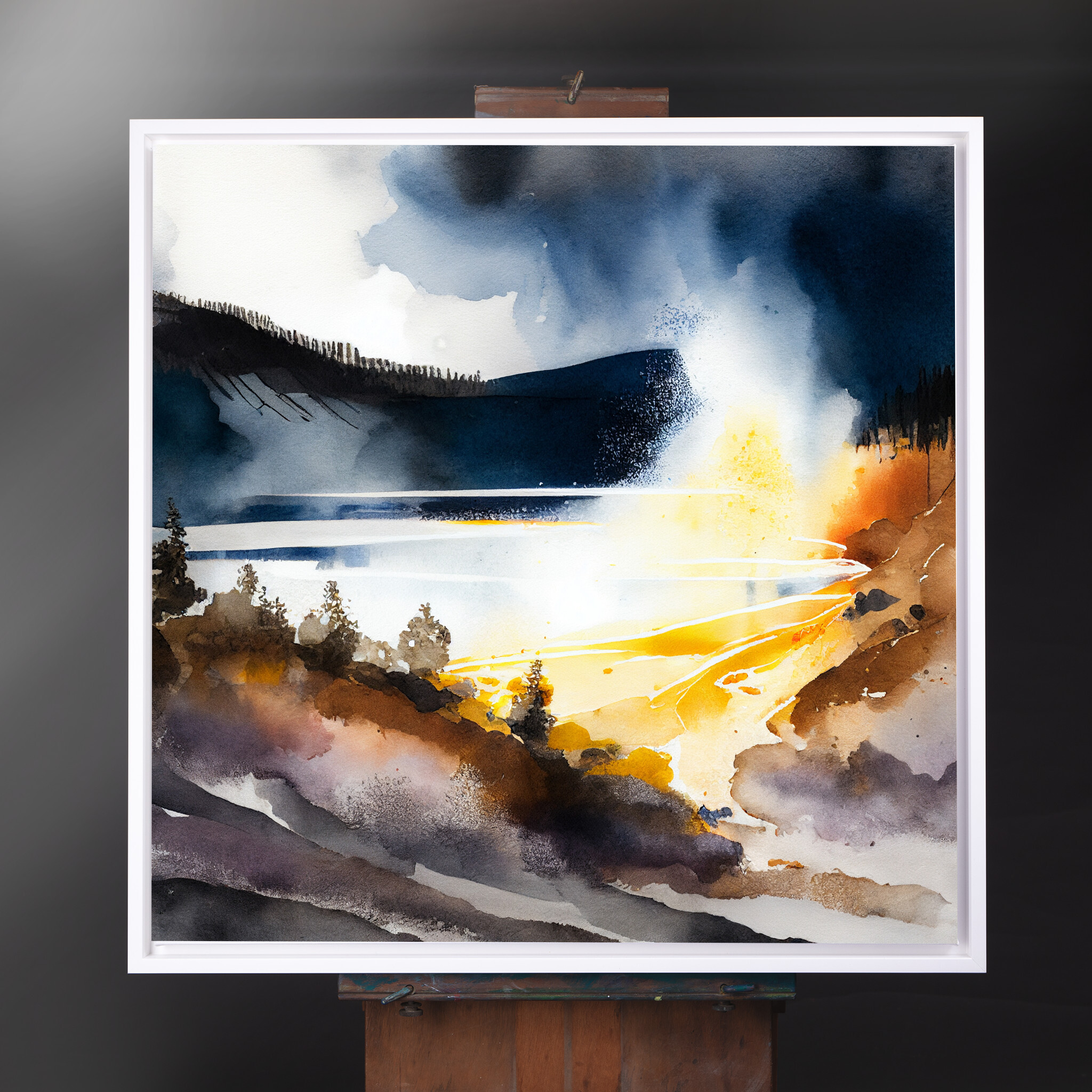 Yosemite Watercolour Landscape Abstract Blue Living Room Wall Art | Modern Home Decor - CWF