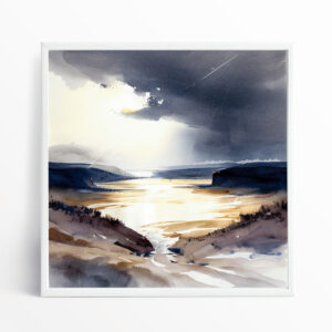 Pembrokeshire Watercolour Landscape with Blue and Gold Accents | Modern Living Room Art