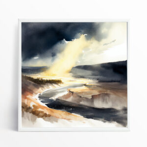 Yosemite Park Watercolour Landscape Living Room Wall Art | Gold Accents & Home Decor