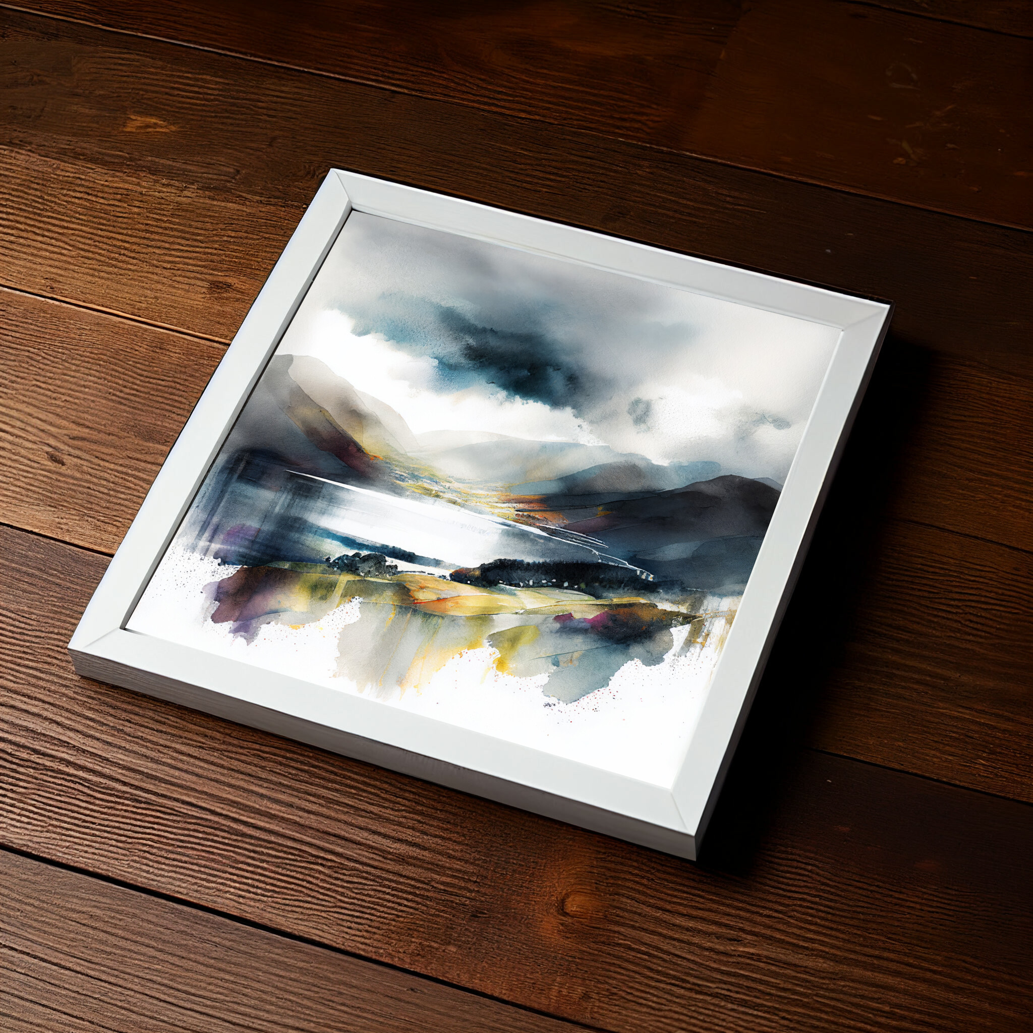 Lake District Watercolor Landscape Art | Blue Grey Living Room Wall Art Decor -