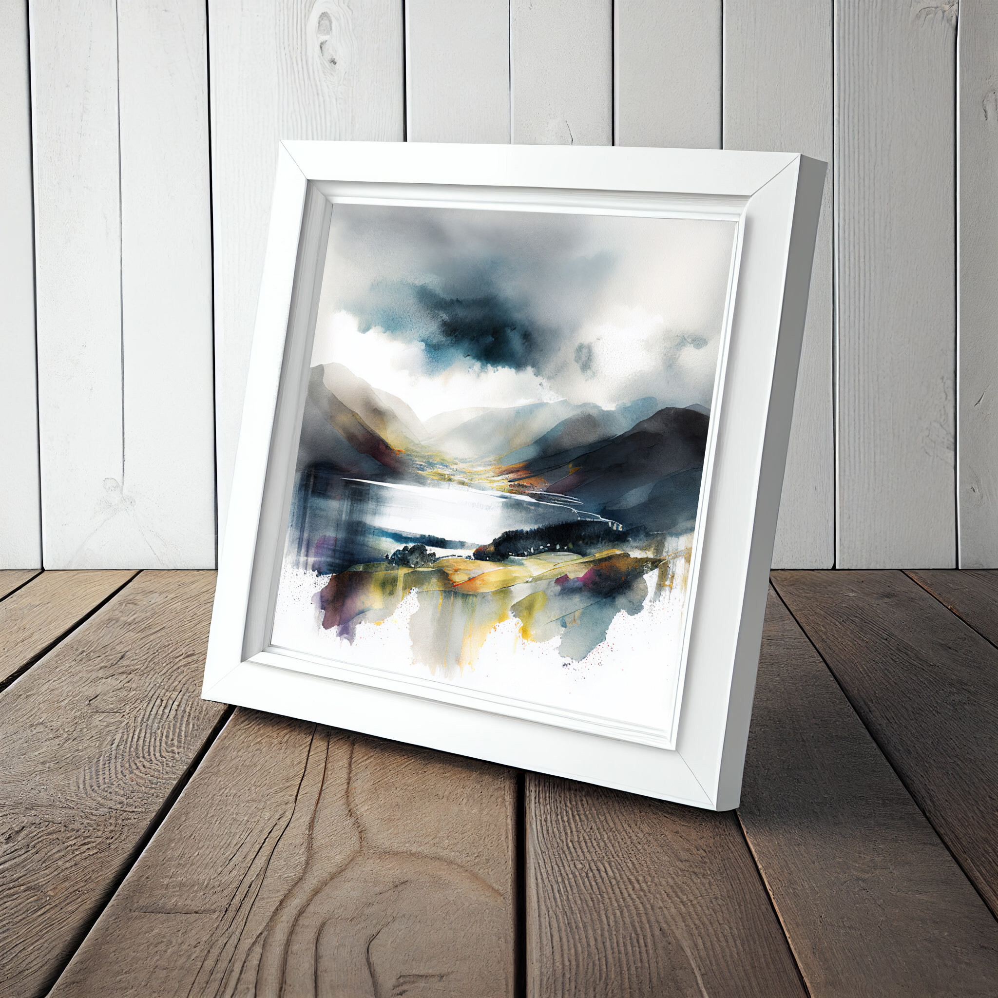 Lake District Watercolor Landscape Art | Blue Grey Living Room Wall Art Decor -