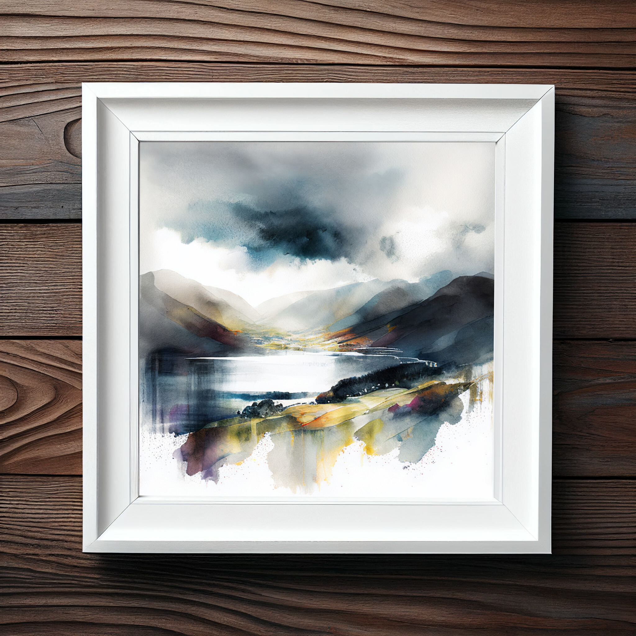 Lake District Watercolor Landscape Art | Blue Grey Living Room Wall Art Decor -