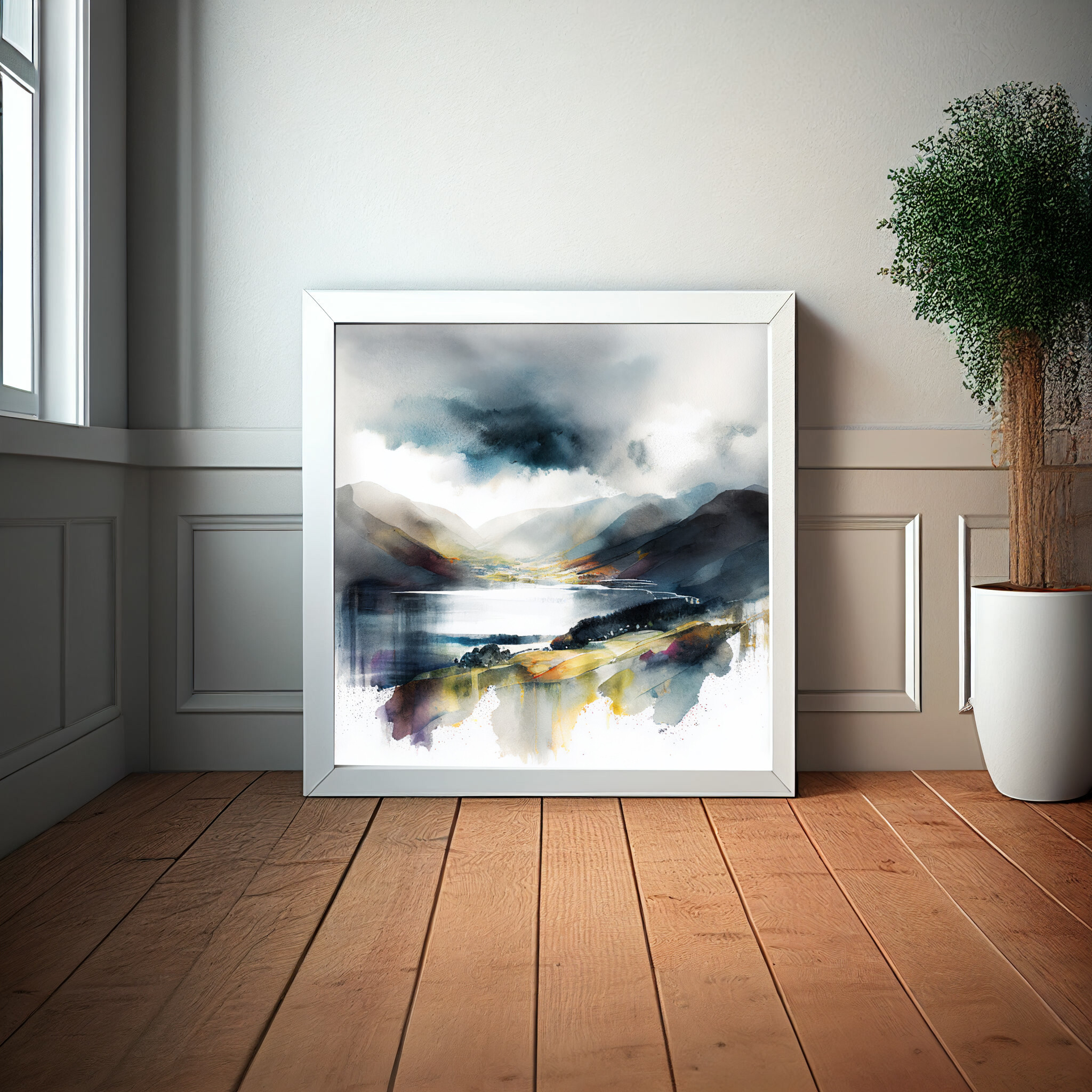 Lake District Watercolor Landscape Art | Blue Grey Living Room Wall Art Decor -