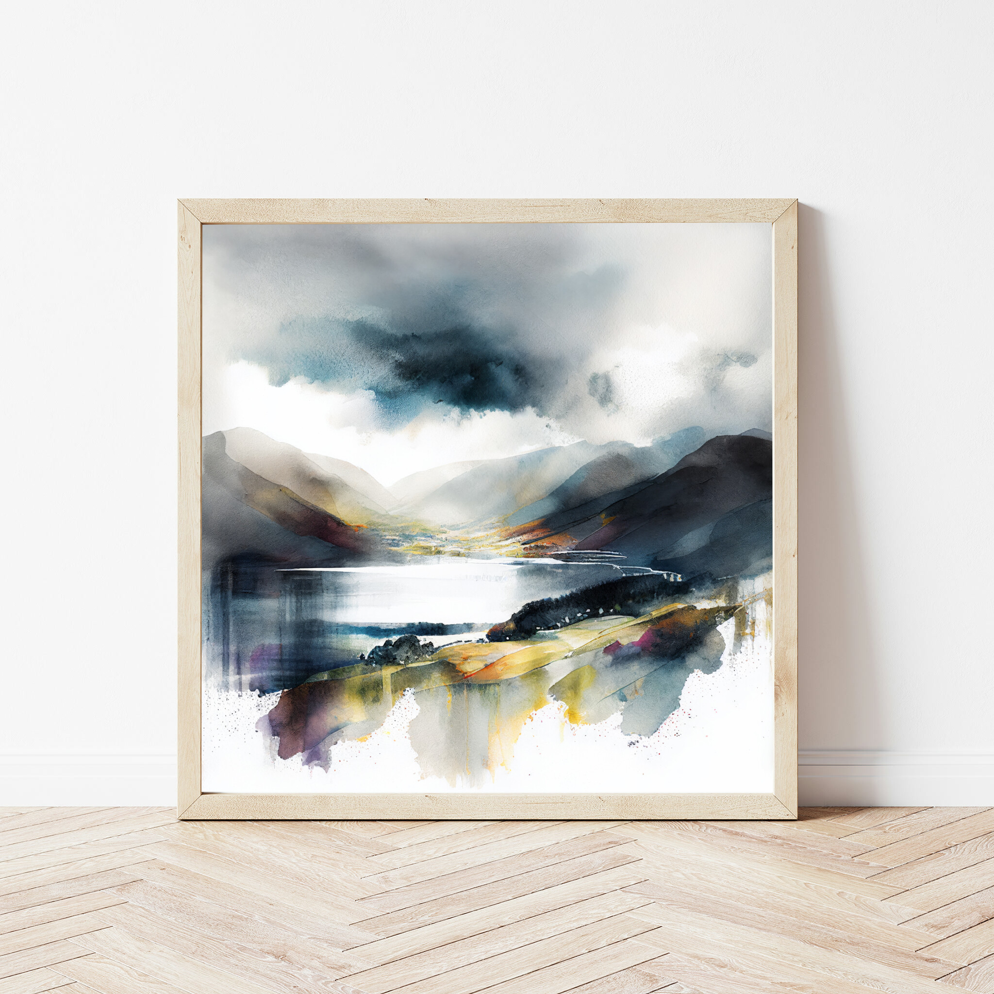 Lake District Watercolor Landscape Art | Blue Grey Living Room Wall Art Decor -
