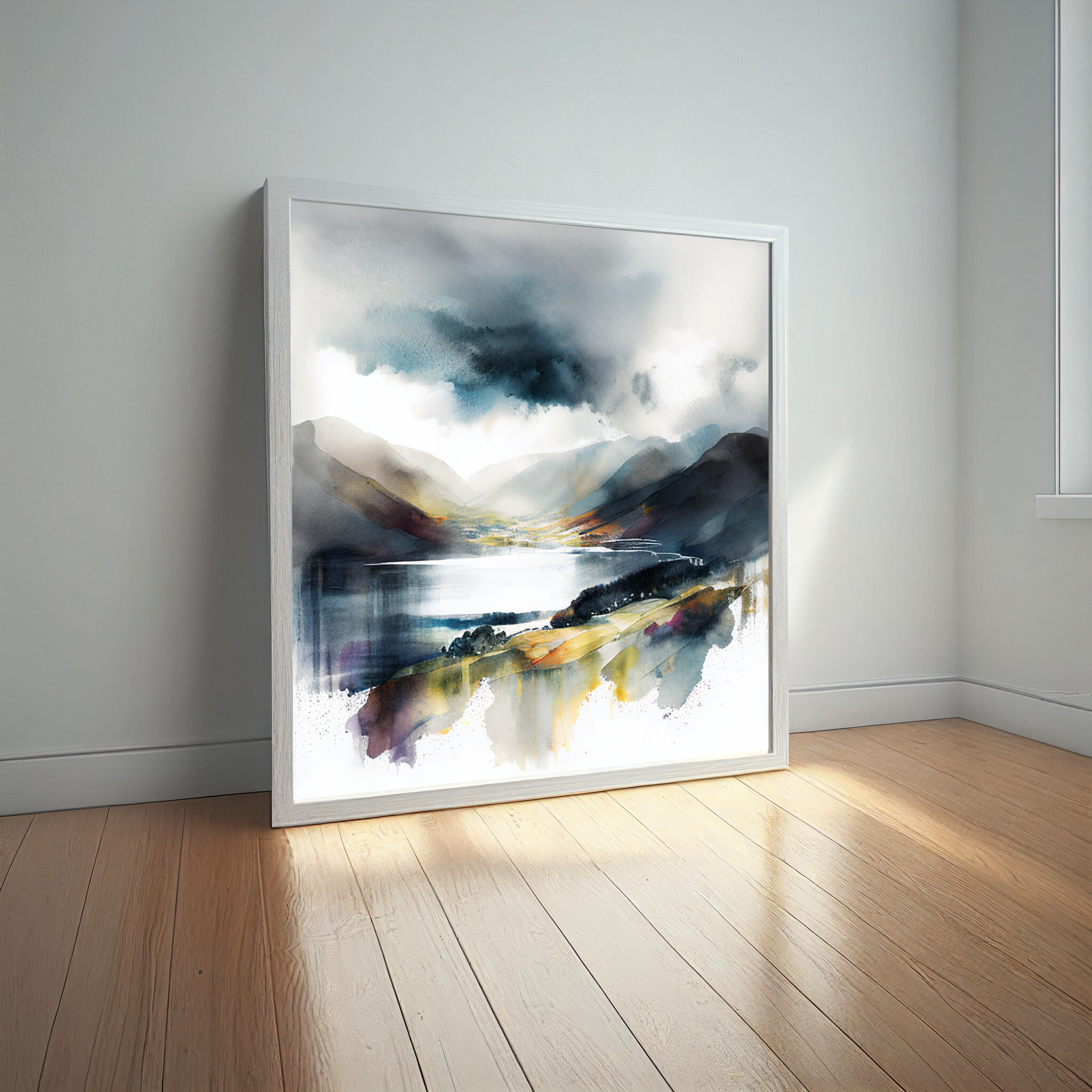 Lake District Watercolor Landscape Art | Blue Grey Living Room Wall Art Decor -