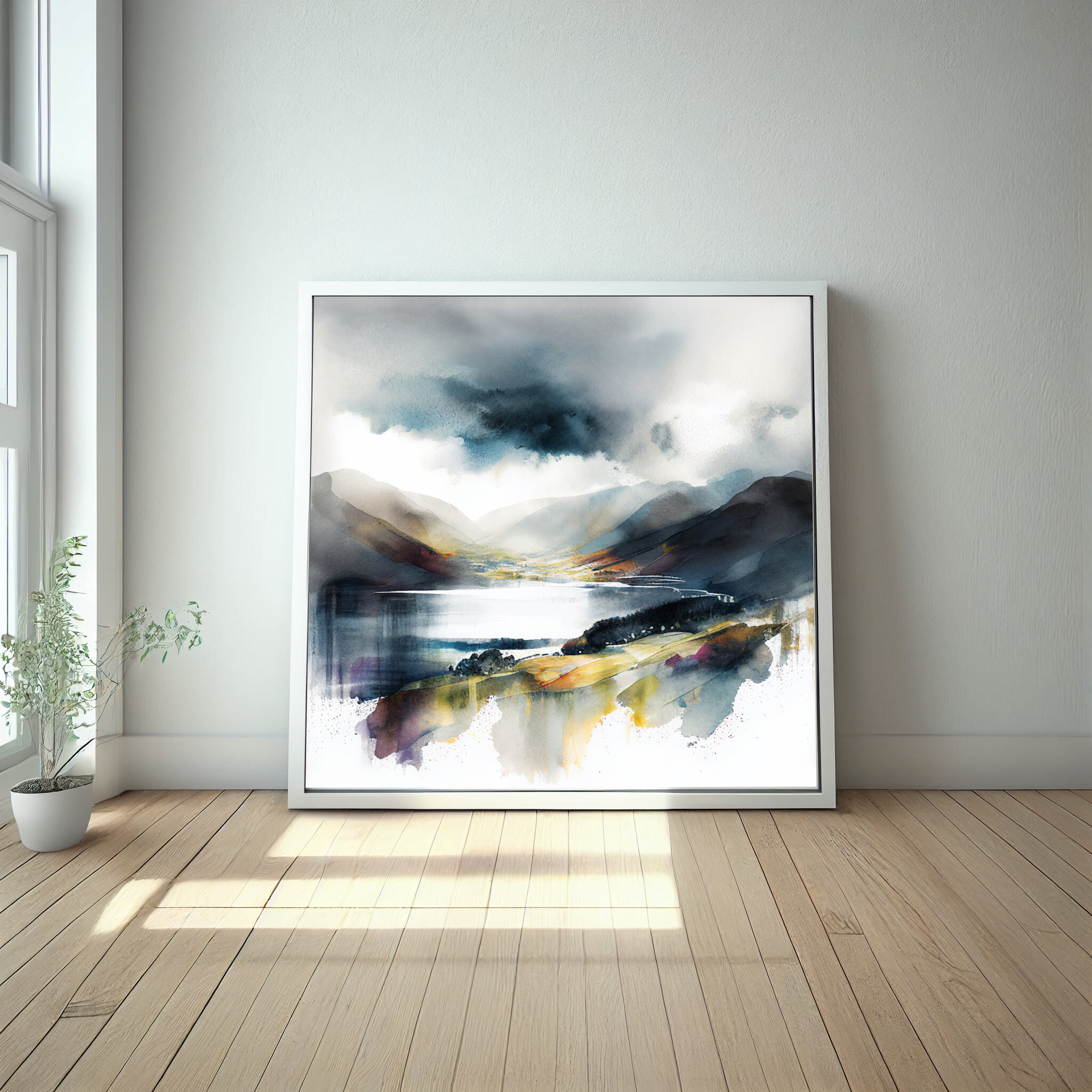 Lake District Watercolor Landscape Art | Blue Grey Living Room Wall Art Decor -
