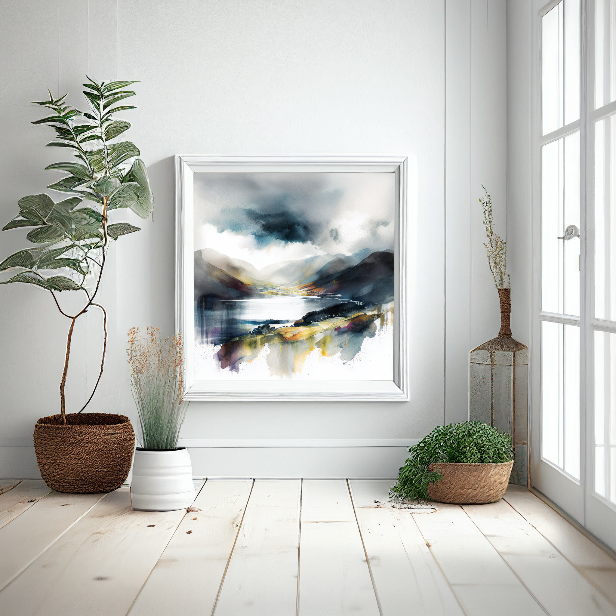 Lake District Watercolor Landscape Art | Blue Grey Living Room Wall Art Decor -