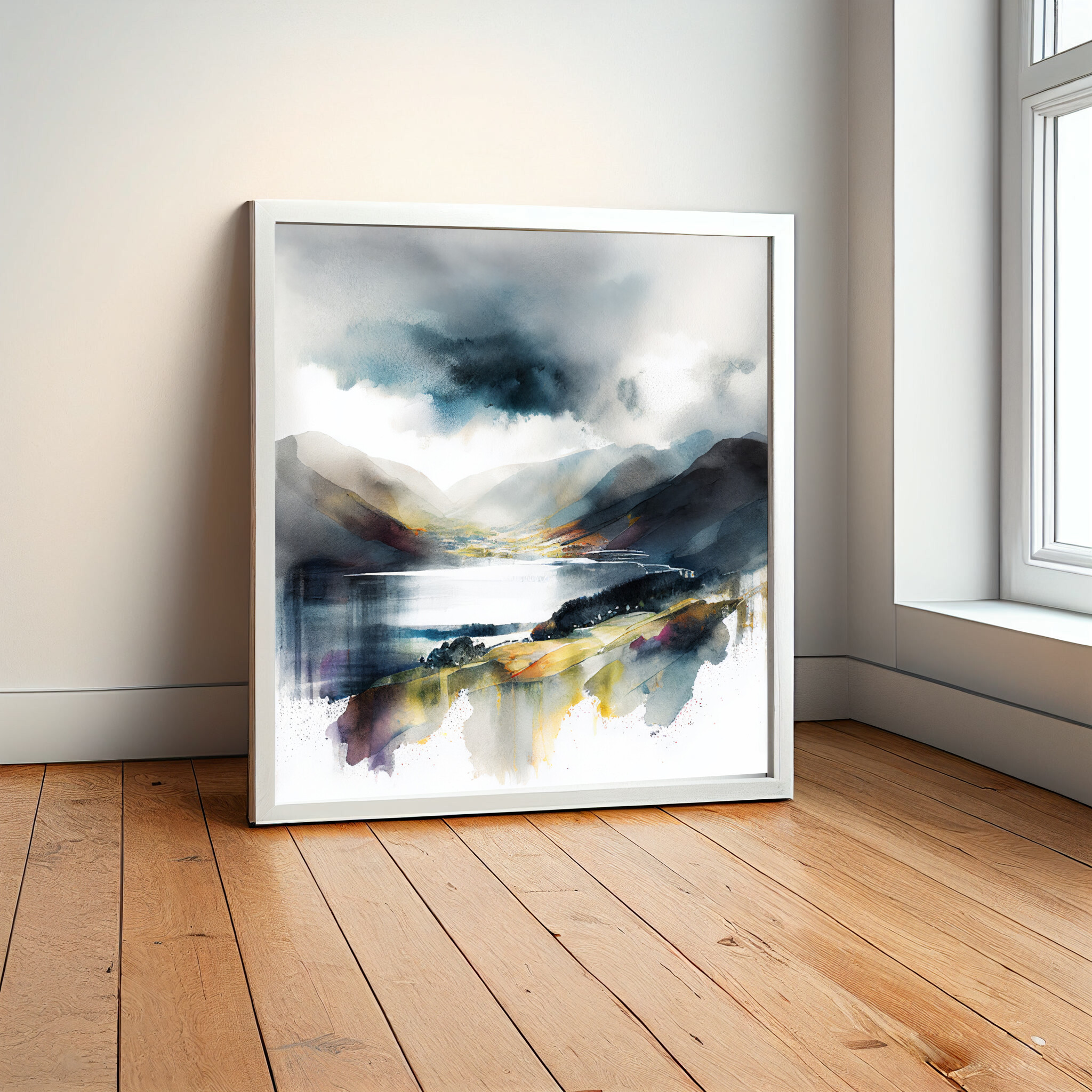 Lake District Watercolor Landscape Art | Blue Grey Living Room Wall Art Decor -