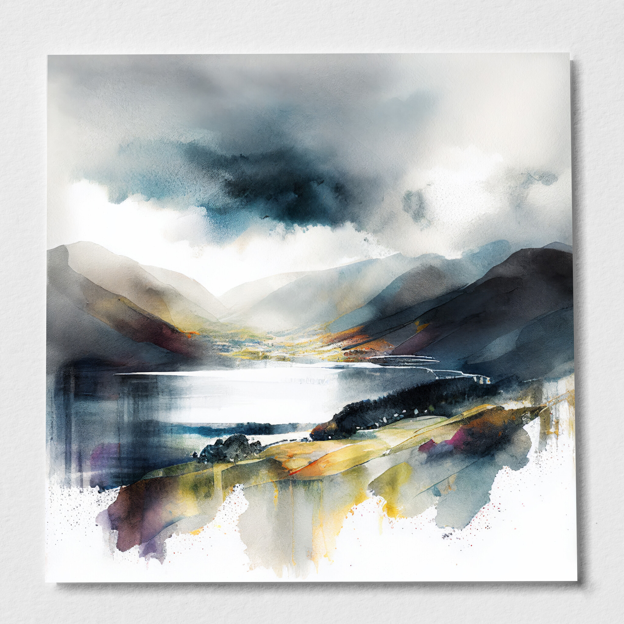 Lake District Watercolor Landscape Art | Blue Grey Living Room Wall Art Decor - P