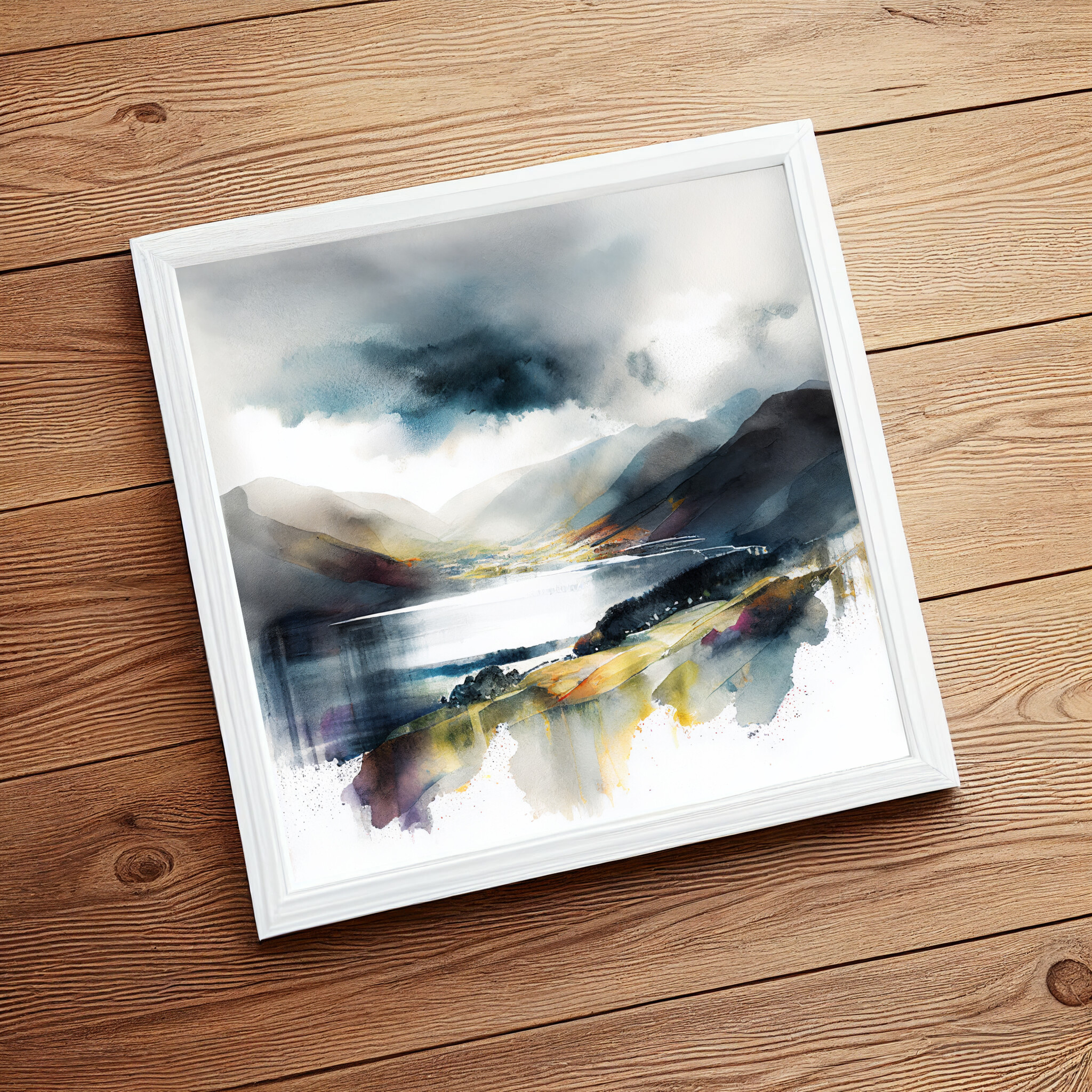 Lake District Watercolor Landscape Art | Blue Grey Living Room Wall Art Decor -