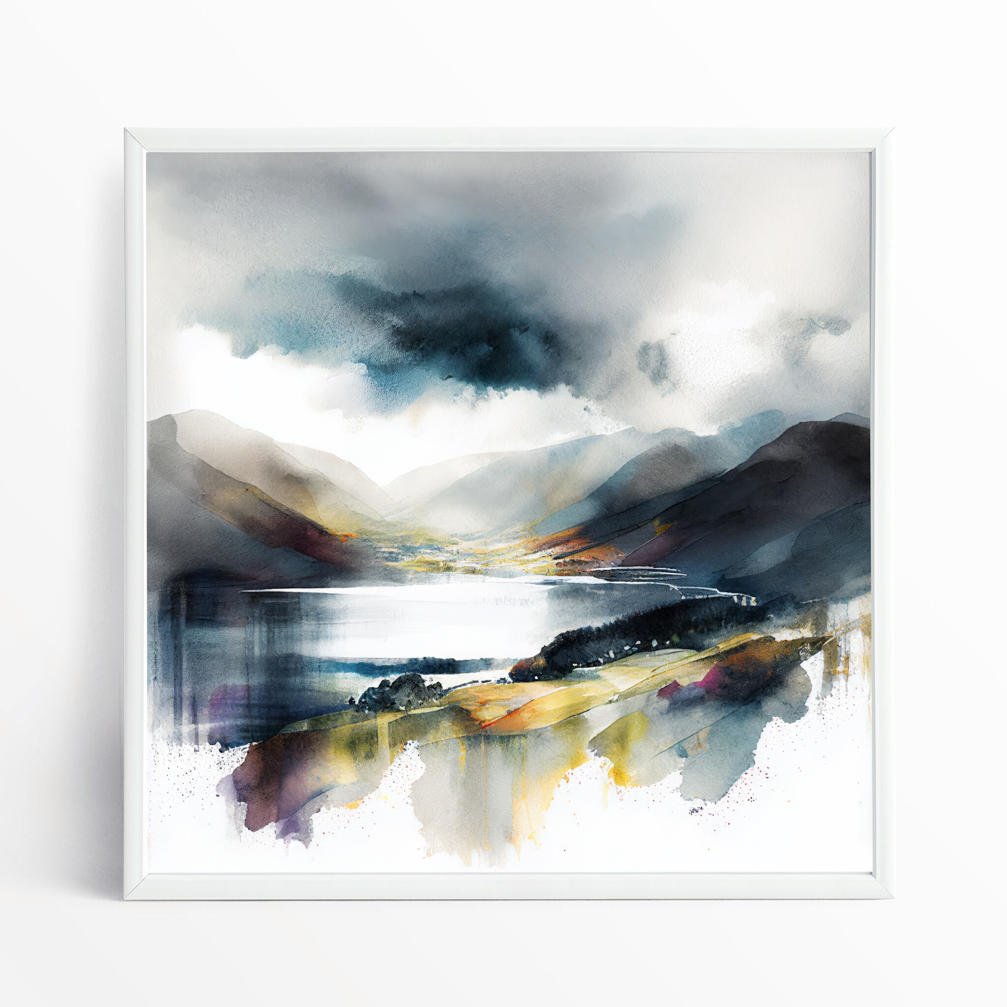 Lake District Watercolor Landscape Art | Blue Grey Living Room Wall Art Decor - WFP