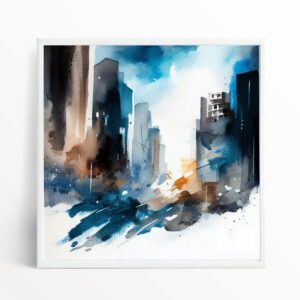 Cityscape Abstract Blue Orange Living Room Wall Art | Modern Urban Home Decor