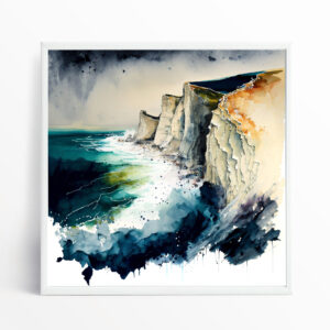 Birling Gap Coastal Watercolour Blue Landscape Living Room Wall Art | Abstract Nature Decor