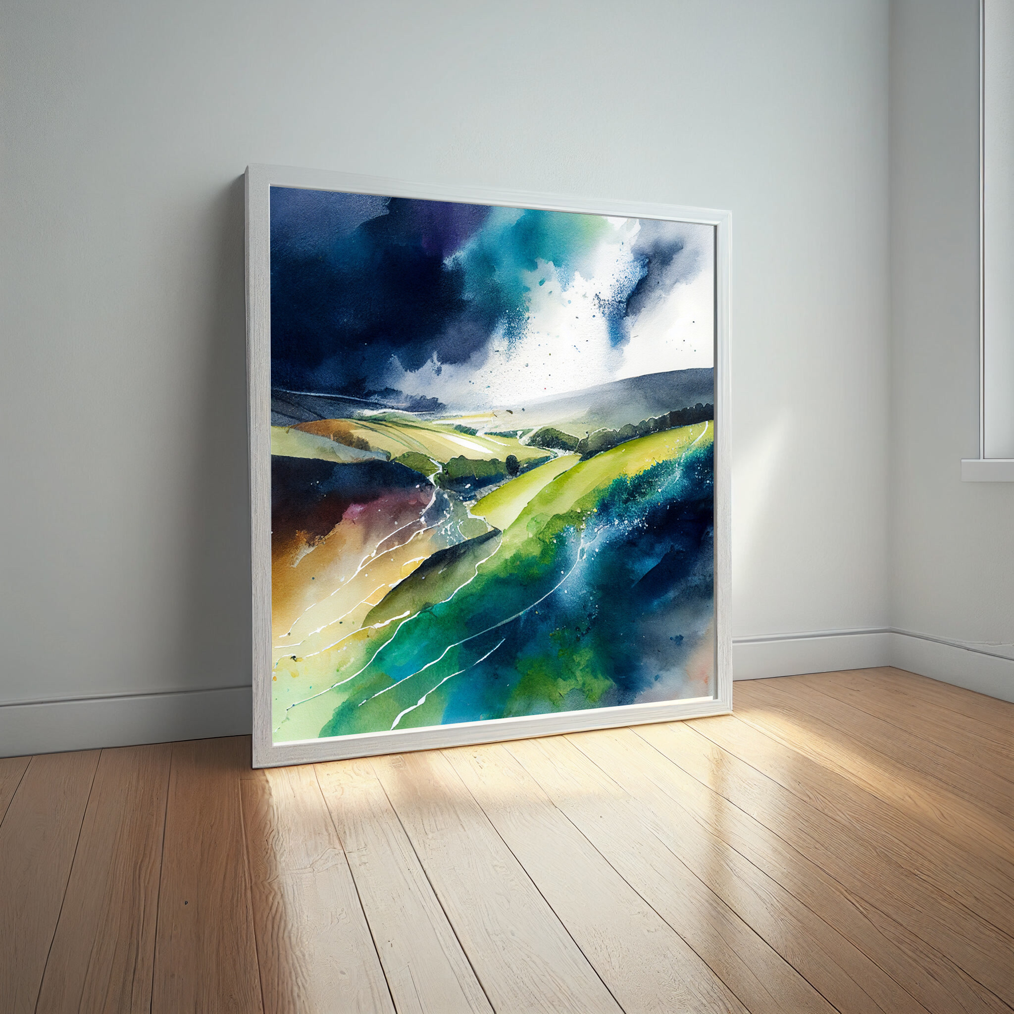 Sussex Watercolour Landscape Blue Green Living Room Wall Art | Modern Home Decor -