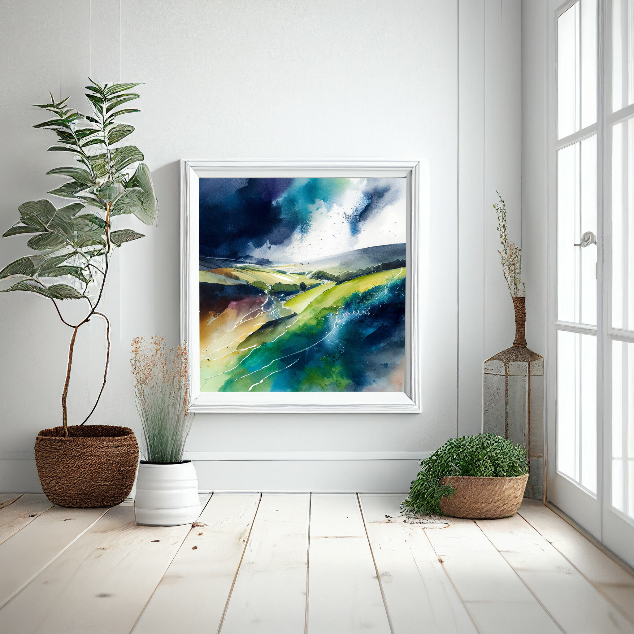 Sussex Watercolour Landscape Blue Green Living Room Wall Art | Modern Home Decor -