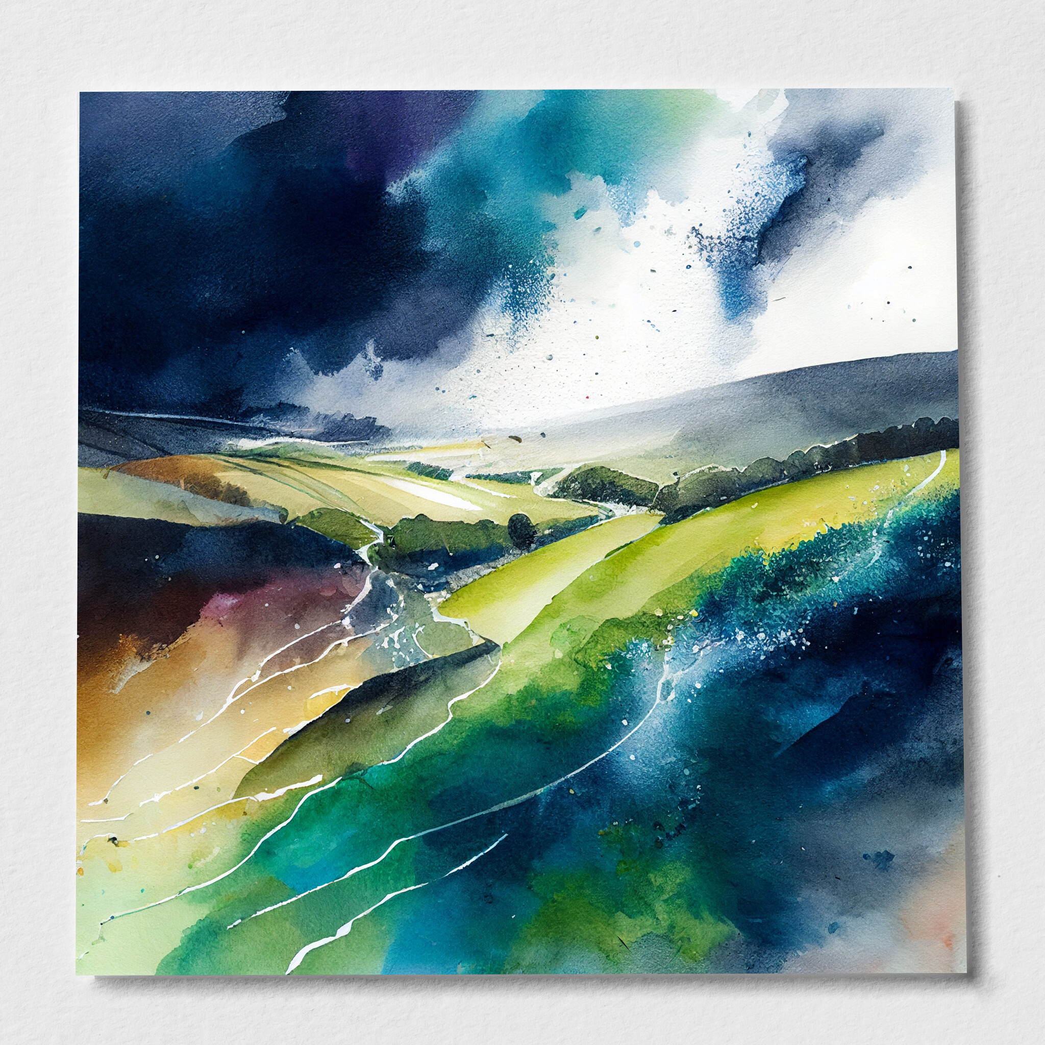 Sussex Watercolour Landscape Blue Green Living Room Wall Art | Modern Home Decor - P