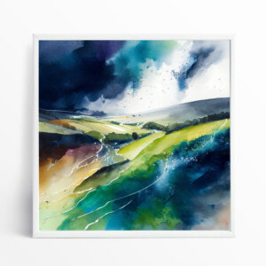Sussex Watercolour Landscape Blue Green Living Room Wall Art | Modern Home Decor
