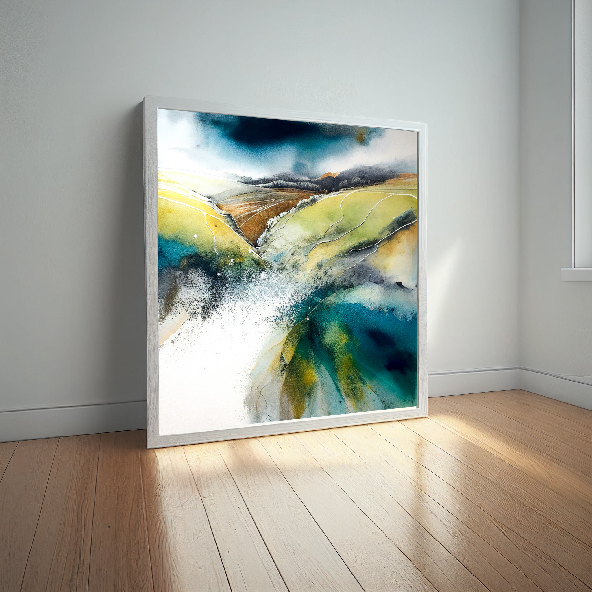 Southdowns Abstract Landscape Green Blue Living Room Wall Art | Modern Home Decor -