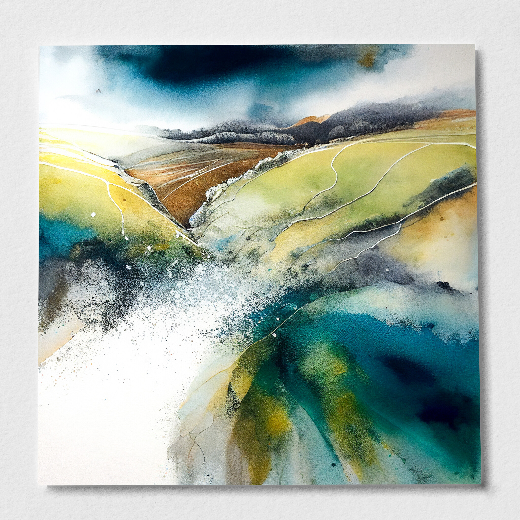 Southdowns Abstract Landscape Green Blue Living Room Wall Art | Modern Home Decor - P