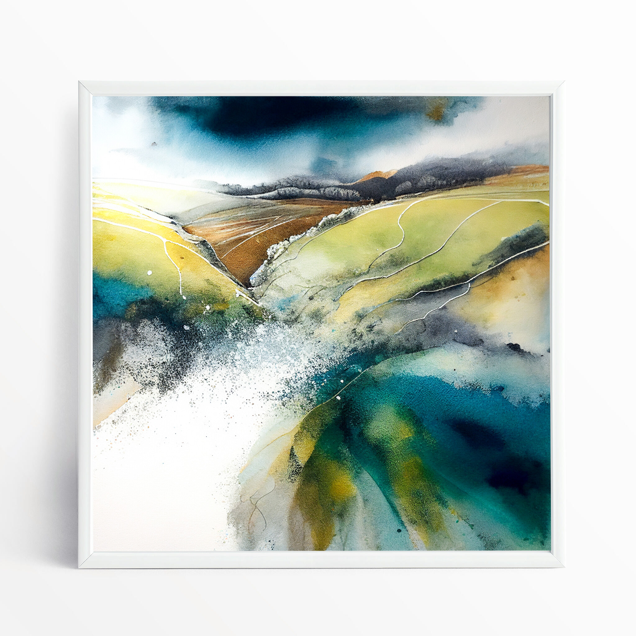 Southdowns Abstract Landscape Green Blue Living Room Wall Art | Modern Home Decor - WFP