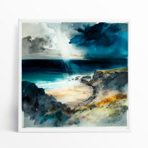 Cornish Beach Impressionist Blue Landscape Wall Art | Living Room Decor