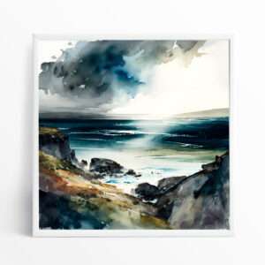 Cornish Coast Watercolour Blue Landscape Wall Art | Impressionist Living Room Decor