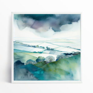 Southdowns Watercolor Landscape Green Living Room Art | Nature Wall Decor