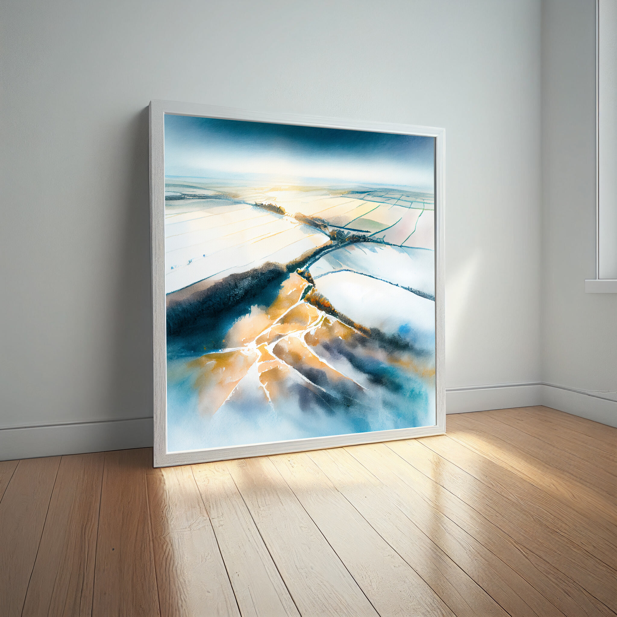 Southdowns Watercolor Landscape Blue Art for Living Room | Impressionist Canvas Print -