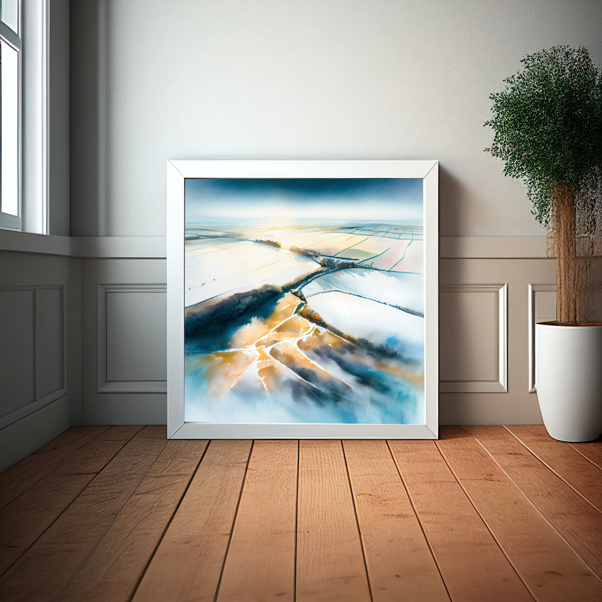 Southdowns Watercolor Landscape Blue Art for Living Room | Impressionist Canvas Print -