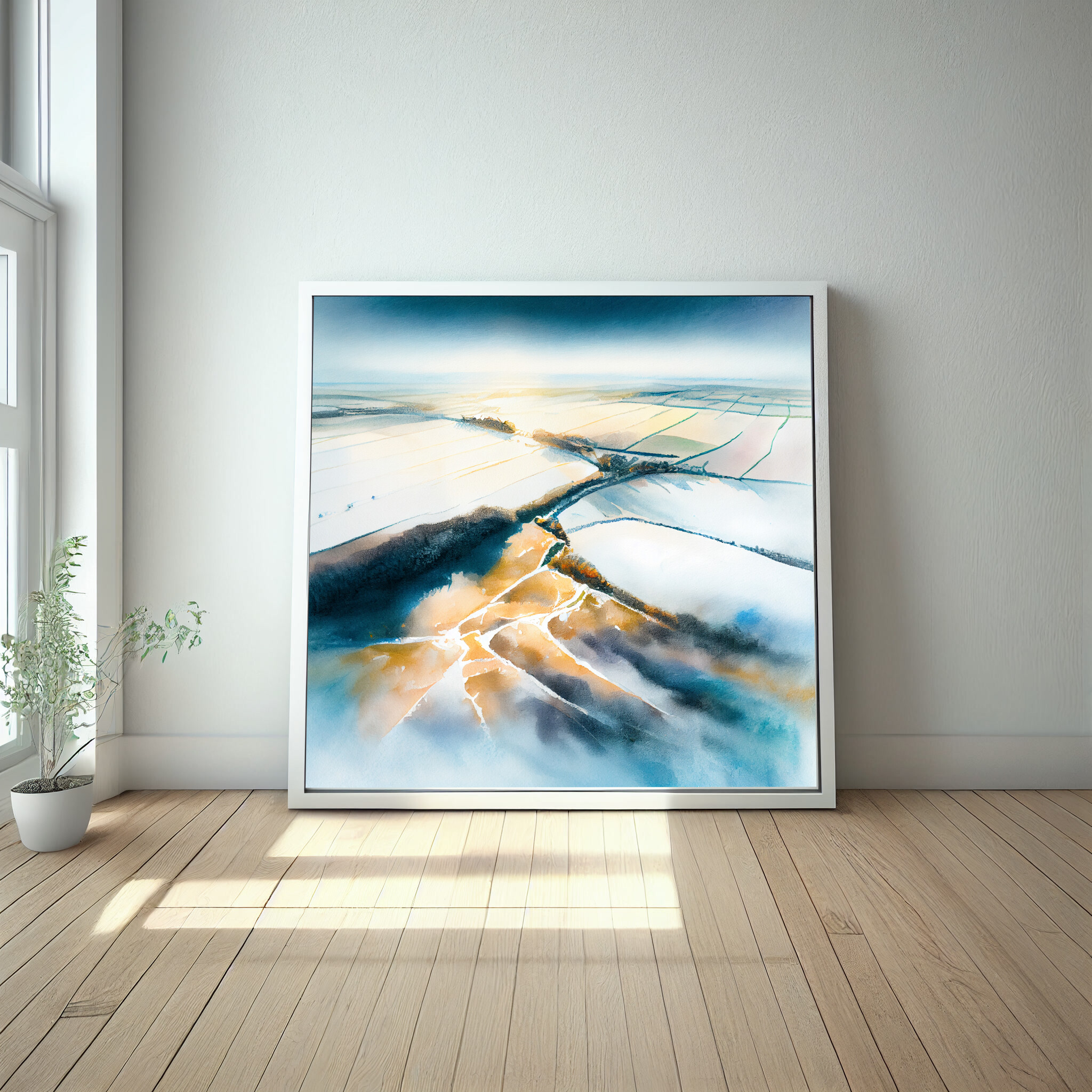 Southdowns Watercolor Landscape Blue Art for Living Room | Impressionist Canvas Print -