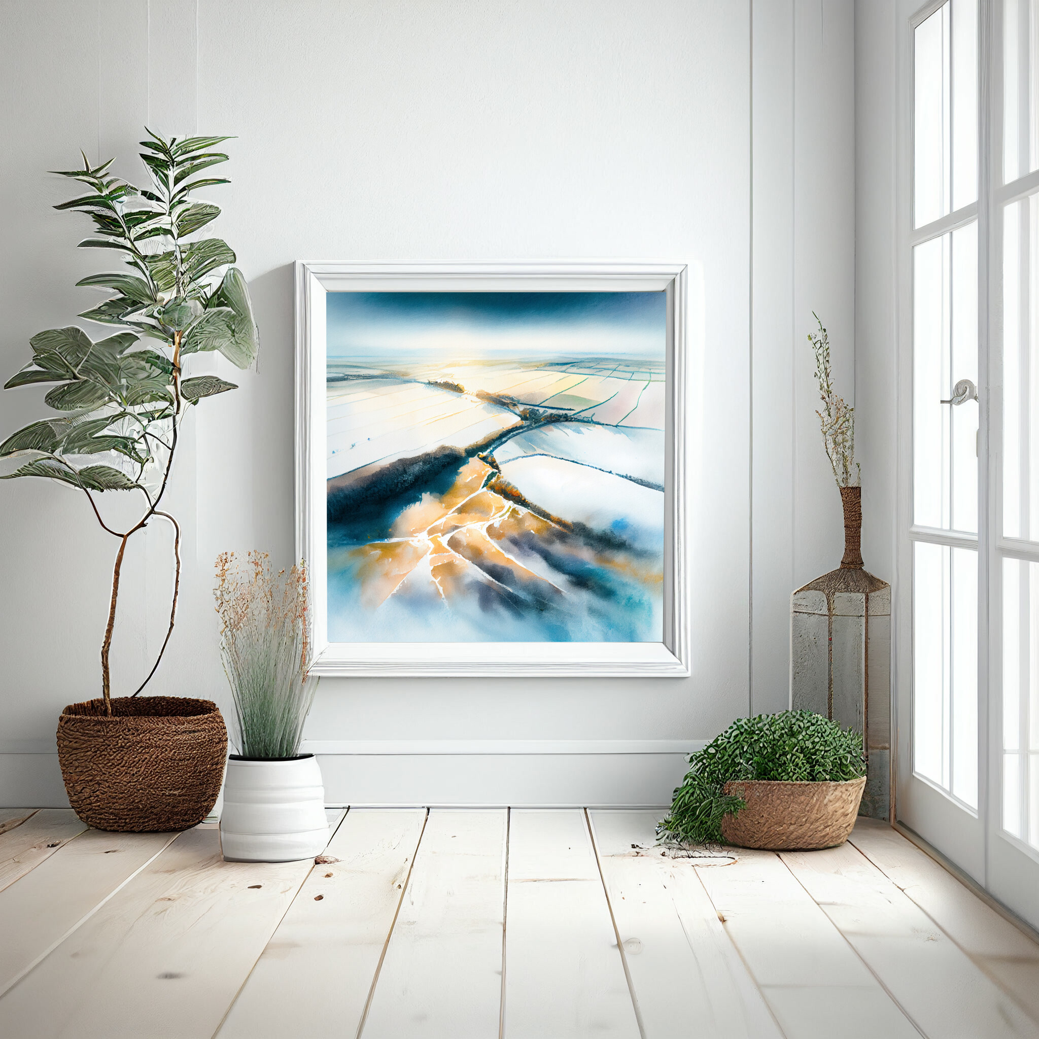 Southdowns Watercolor Landscape Blue Art for Living Room | Impressionist Canvas Print -