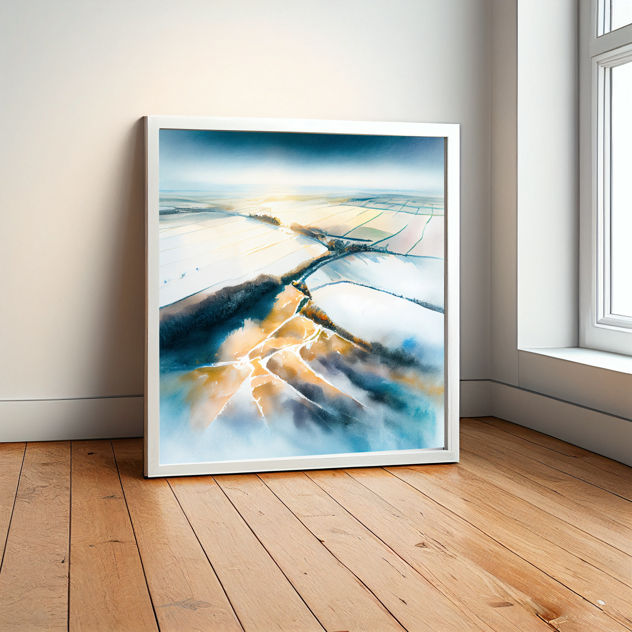 Southdowns Watercolor Landscape Blue Art for Living Room | Impressionist Canvas Print -