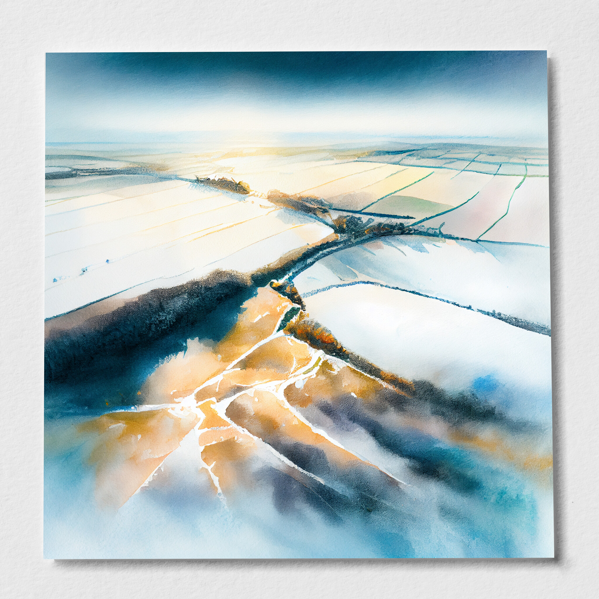 Southdowns Watercolor Landscape Blue Art for Living Room | Impressionist Canvas Print - P
