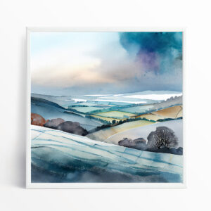 Southdowns Watercolour Landscape Art for Living Room | Abstract Green & Blue Home Decor