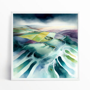 Southdowns Watercolour Landscape Blue Living Room Wall Art | Modern Nature Decor
