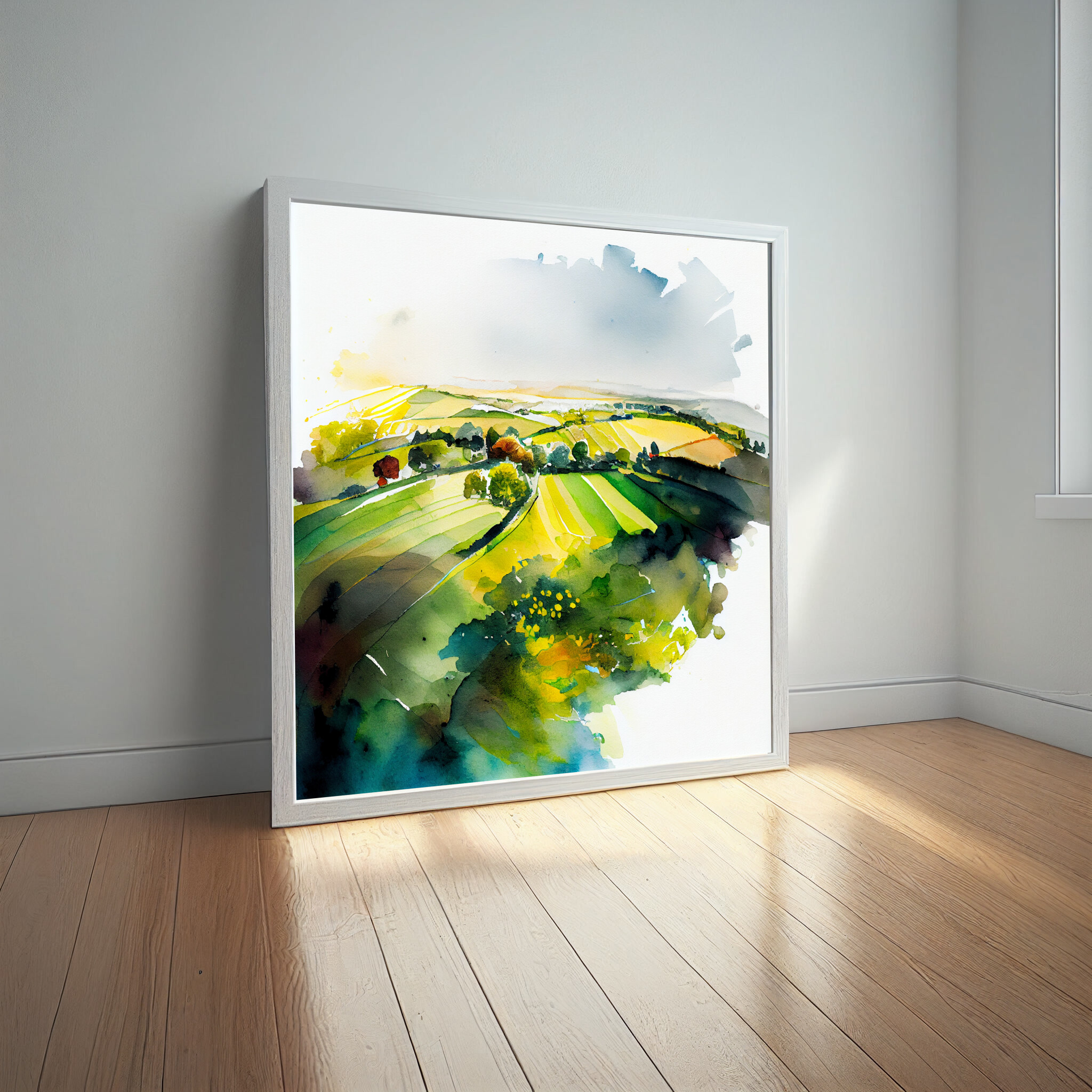 Southdowns Watercolor Landscape Green Countryside Living Room Art | Serene Home Decor -