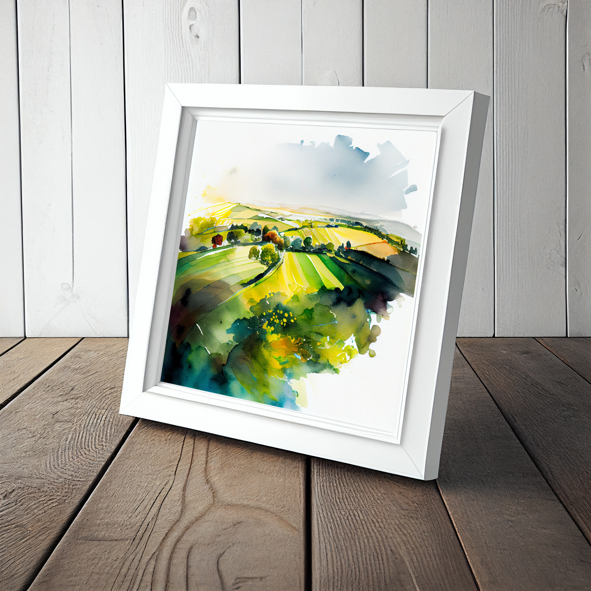 Southdowns Watercolor Landscape Green Countryside Living Room Art | Serene Home Decor -